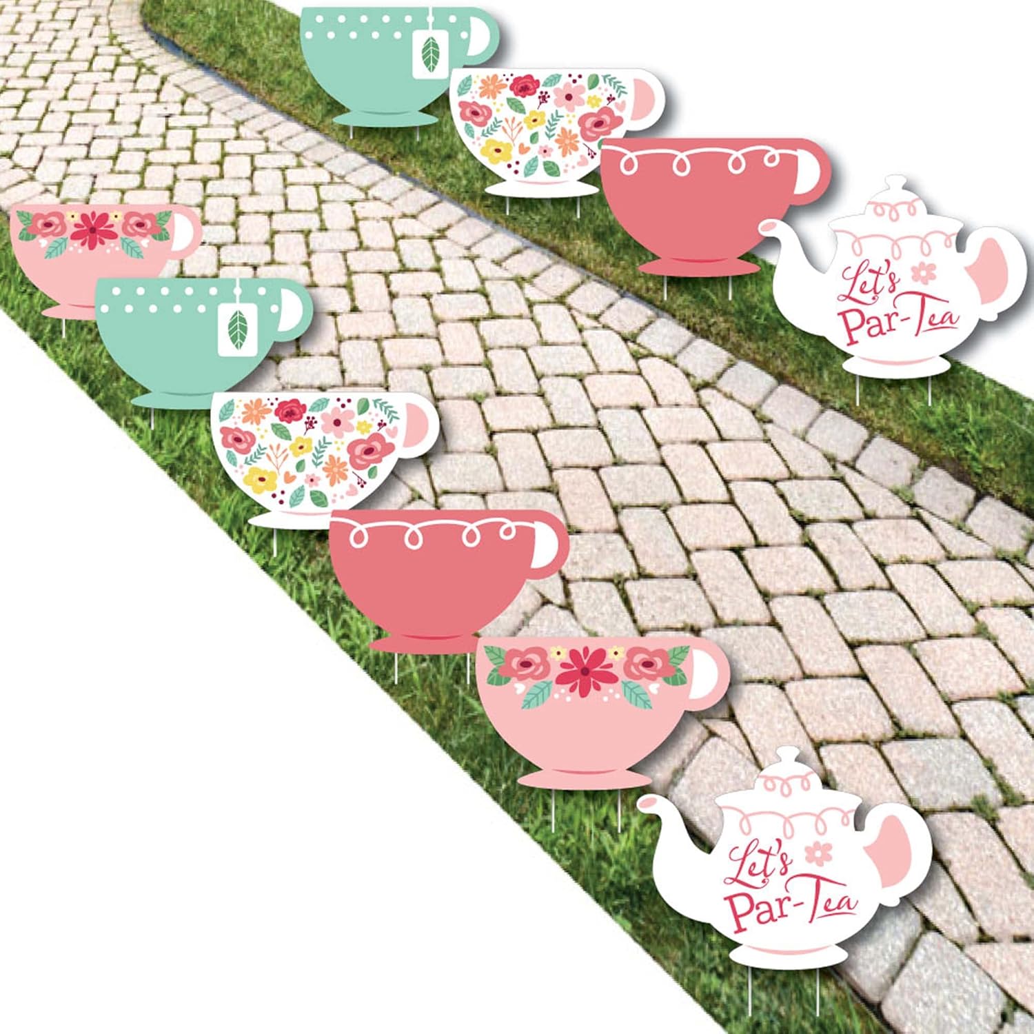 Big Dot of Happiness Floral Let’s Par-Tea – Decoración de césped para tetera y taza de té, decoración de jardín al aire libre para fiesta de té y