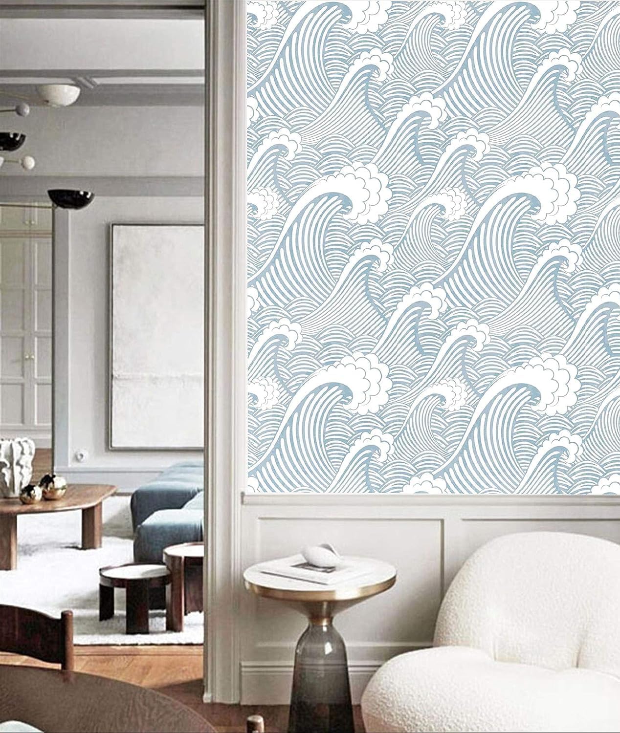 Blooming Wall PS030 – Papel pintado a mano para despegar y pegar, sin costuras, color azul y blanco, papel pintado autoadhesivo con olas, papel