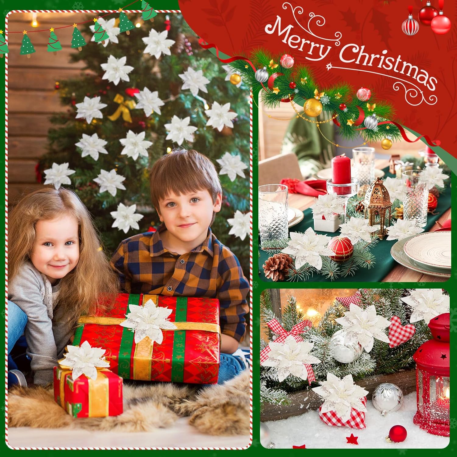Serwalin 20 flores de Navidad artificiales blancas de 5.5 pulgadas, decoraciones con clips, tallos con purpurina, adornos de árbol de Navidad, boda,