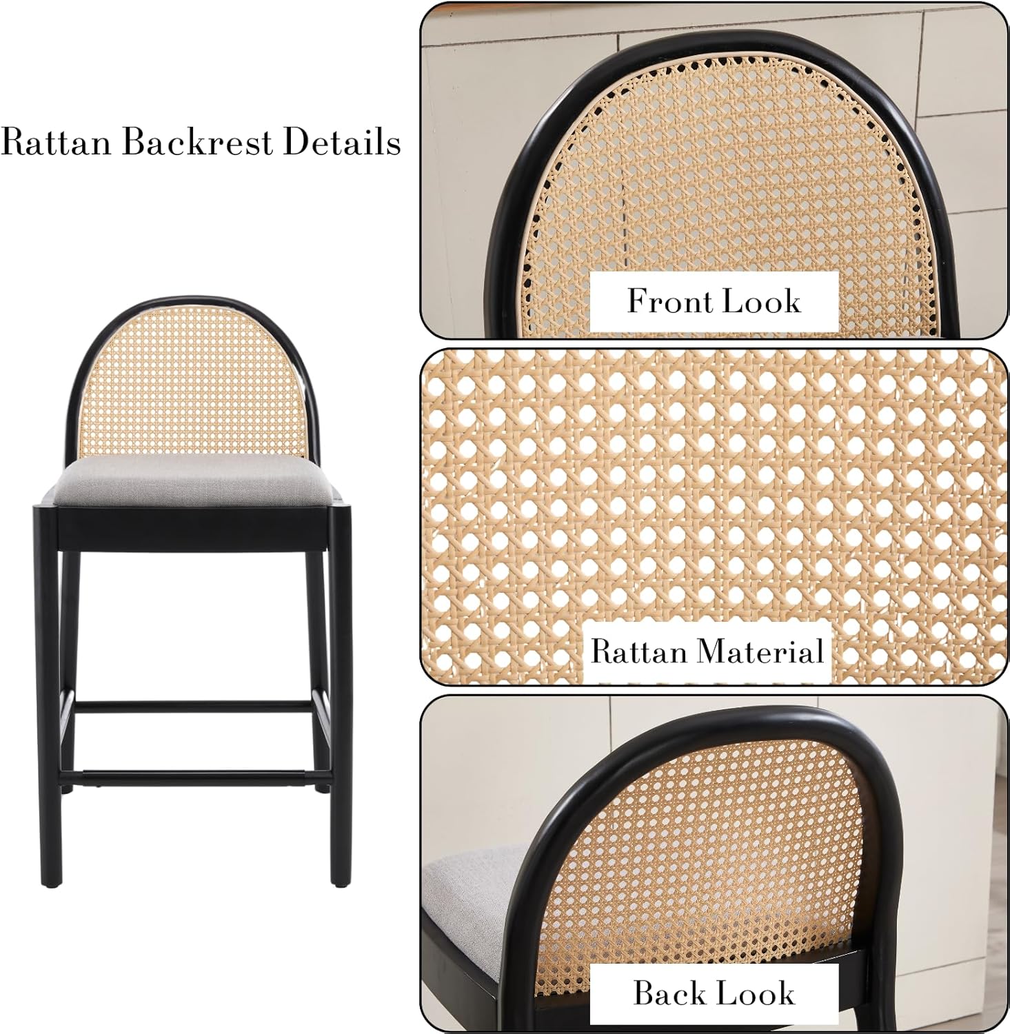 HEAH-YO Juego de 2 taburetes de ratán de 26 pulgadas de altura de mostrador con respaldos de ratán y patas de madera, taburete de cocina tapizado de