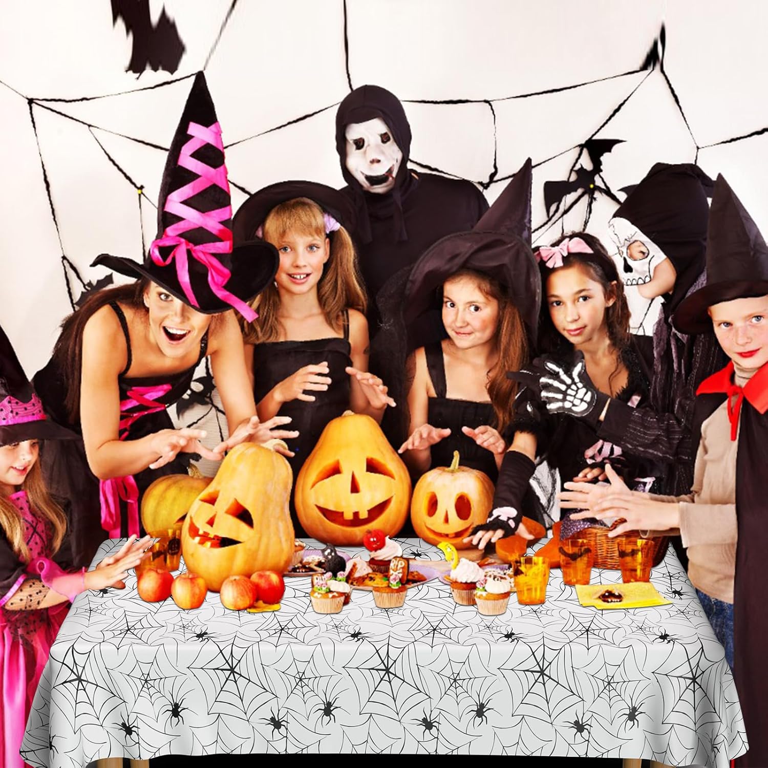 PLULON Paquete de 2 manteles de Halloween de 54 x 108 pulgadas, mantel de plástico de tela de araña para decoración de mesa de cena de vacaciones,