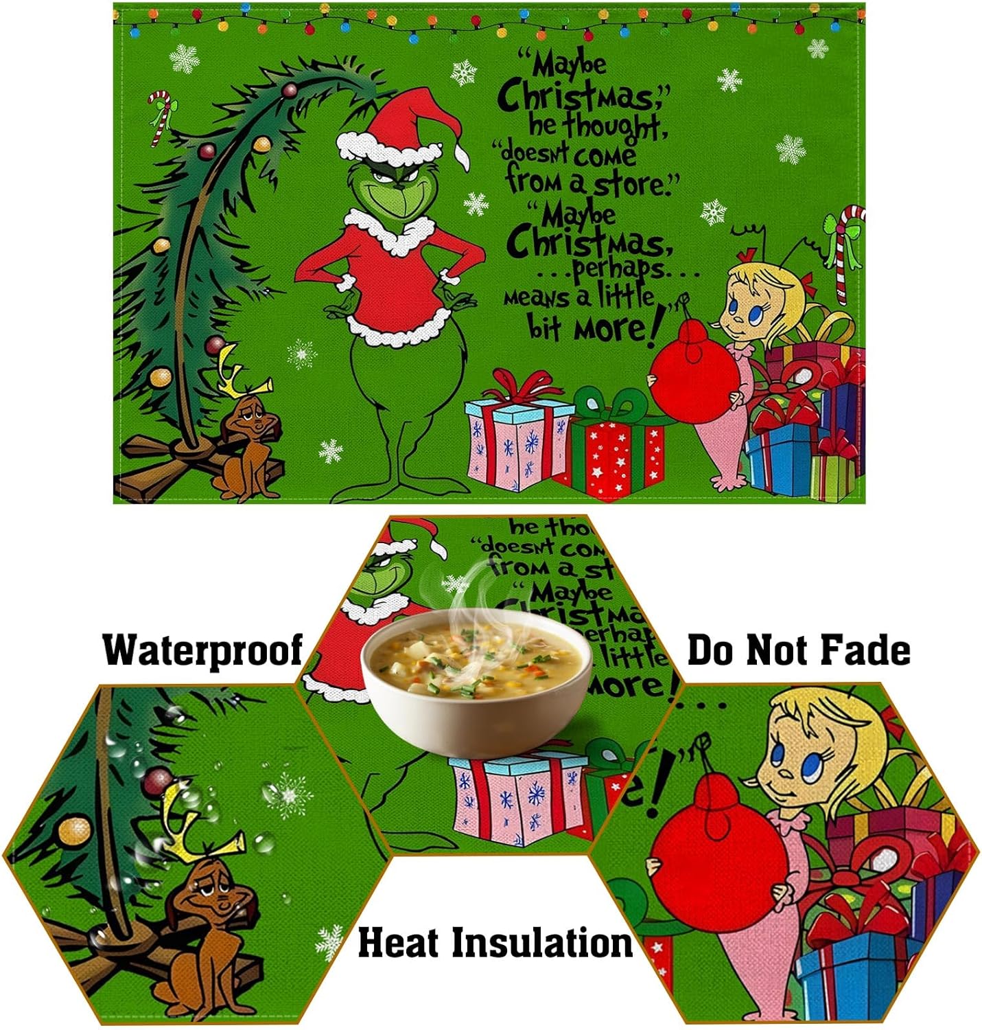 Nepnuser Juego de 4 manteles individuales de lino con texto en inglés Merry Christmas de Grinchmas Whoville Green Elf Navidad, fiestas de invierno,