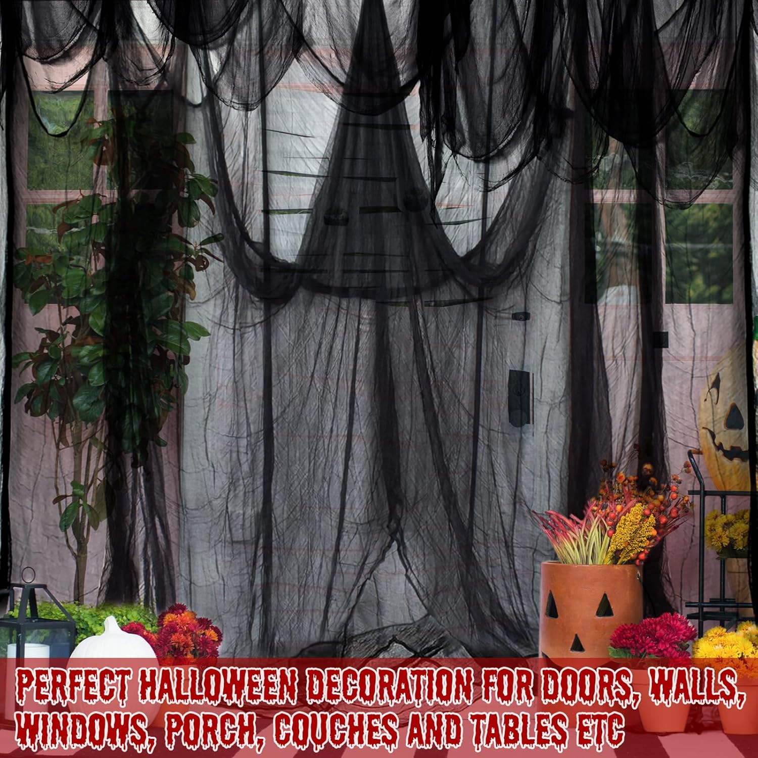 ZeeDix Tela espeluznante negra de Halloween de 85 x 600 pulgadas, tela gigante de Halloween para decoración del hogar, tela de gasa espeluznante