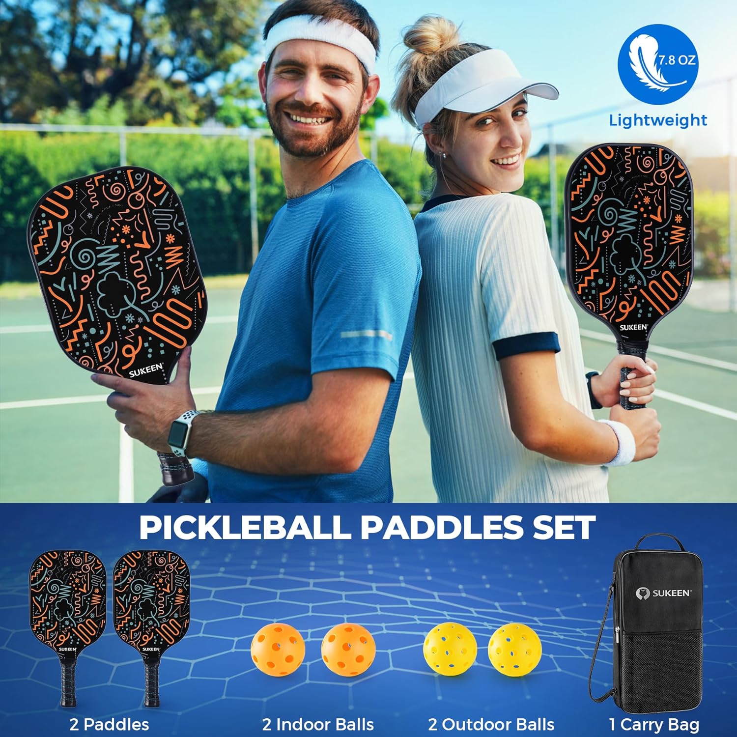 Sukeen Paletas de pickleball, juego de 2 piezas de pickleball de fibra de vidrio, núcleo de nido de abeja de polipropileno, agarre acolchado, juego