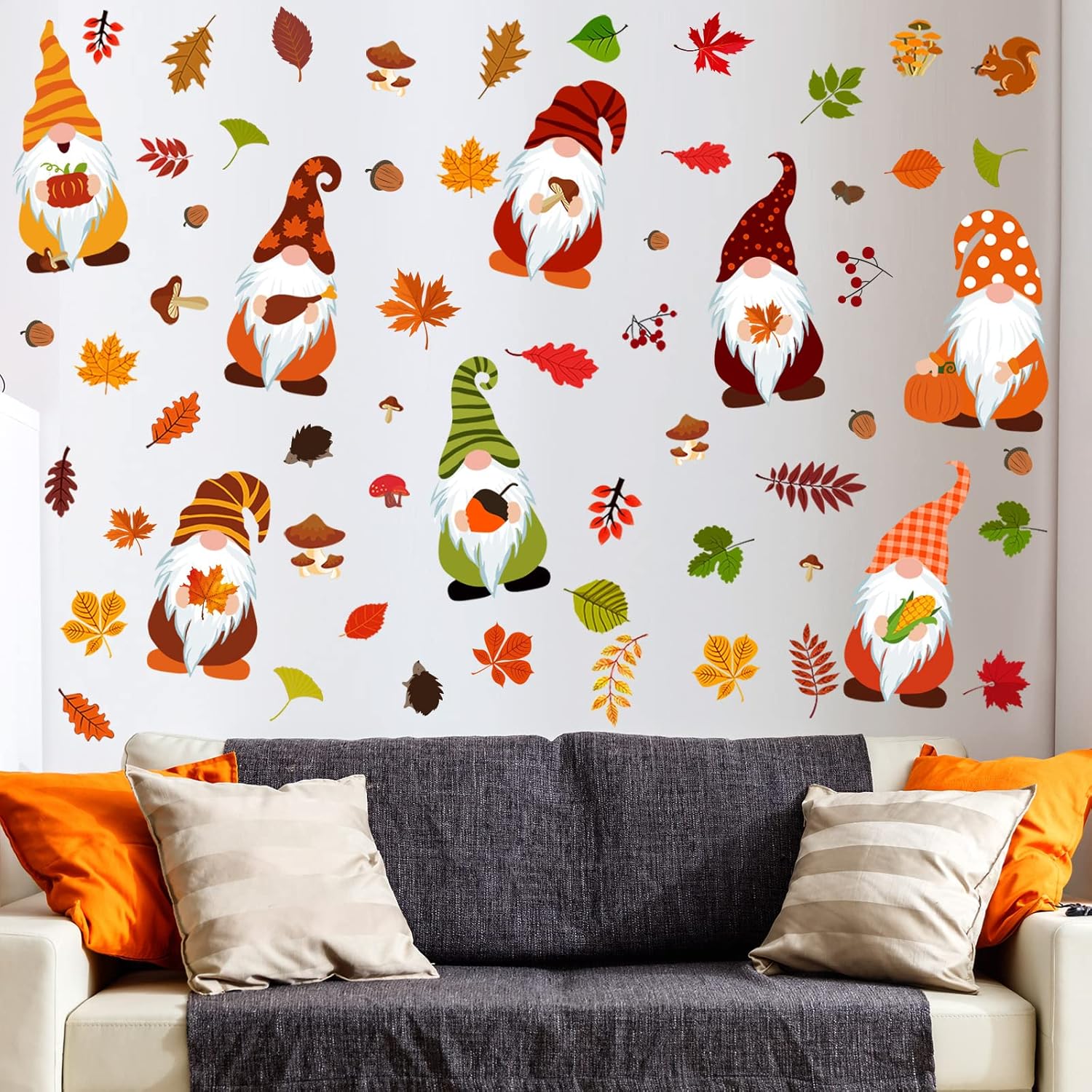 123 calcomanías de pared de gnomos de otoño, calcomanías de pared de Acción de Gracias, hojas de arce de otoño, decoración de pared, calcomanías de