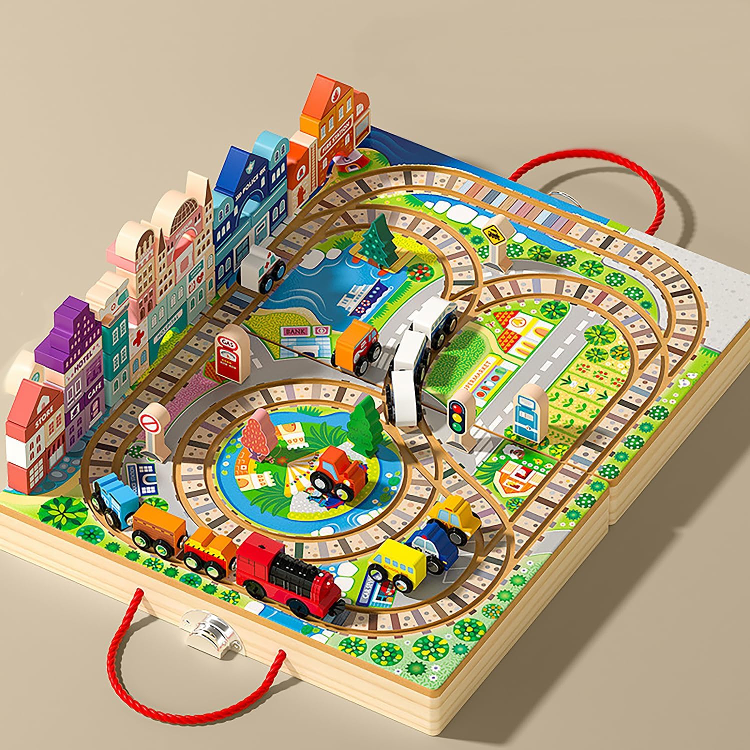 Juego de bloques de construcción de madera, tren eléctrico de construcción de ciudad, bloques apilables, juguetes educativos de aprendizaje