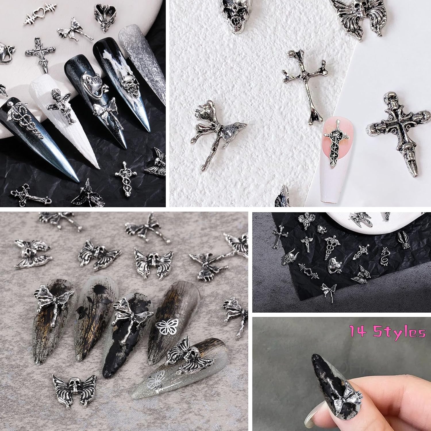 130 dijes de uñas de metal plateado 3D Y2K para uñas cromadas y accesorios de pulsera punk, aleación vintage, mariposa, cruz, corazón, cráneo,