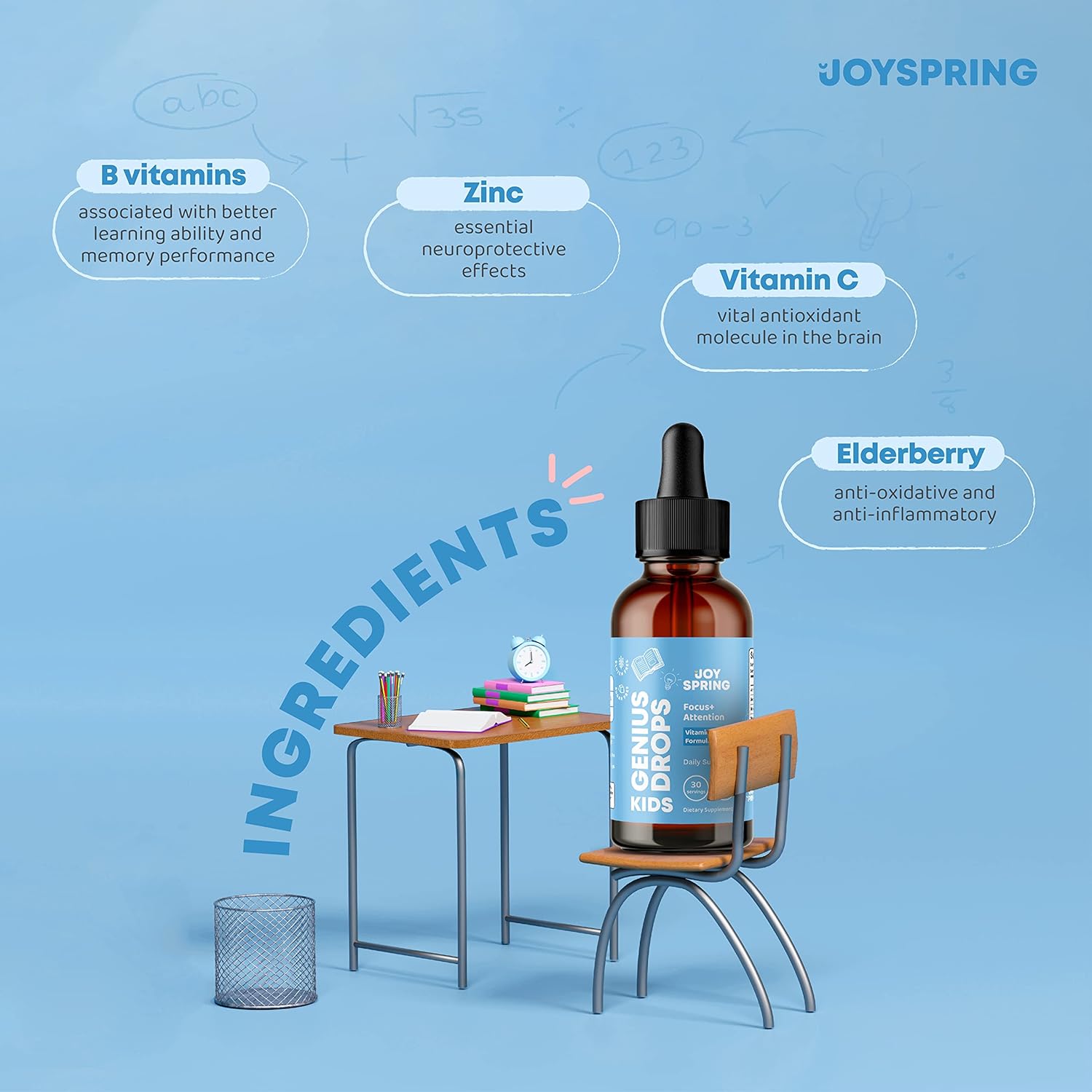 JoySpring Vitaminas Focus para niños mezcla de vitaminas orgánicas de B9, B12, zinc y vitamina C y suplementos de enfoque y atención para niños que