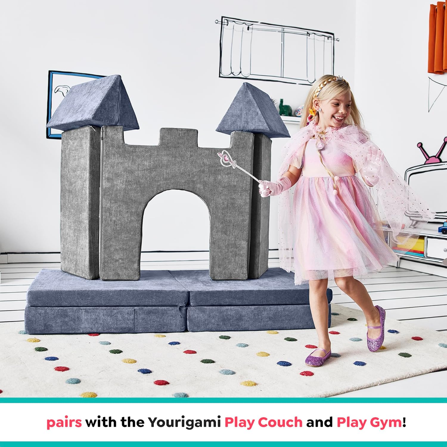Castillo de juegos para niños y niños pequeños, juego de complementos de sofá para sala de juegos, diseño modular duradero, gris montaña