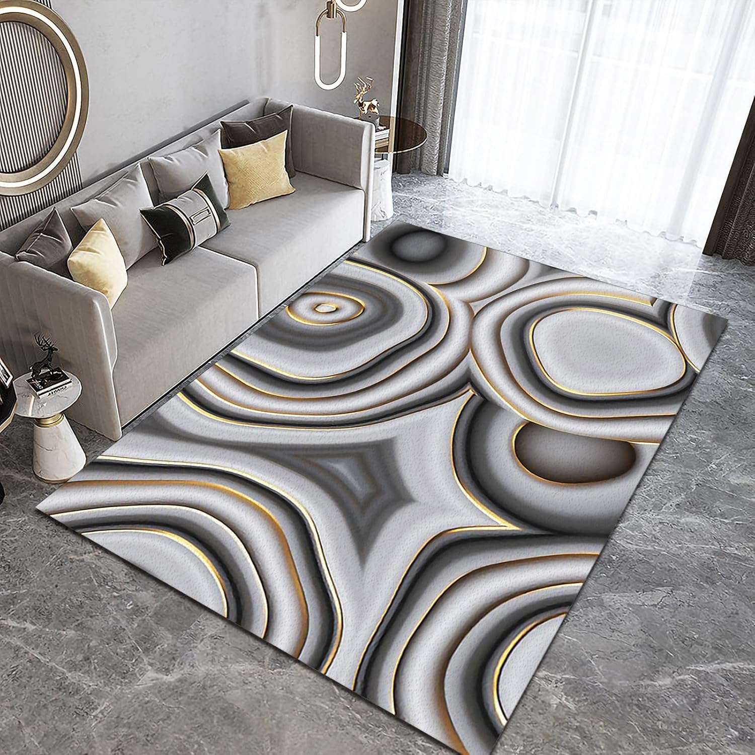 Alfombra abstracta con diseño de remolinos de mármol gris, con círculos irregulares dorados en blanco y negro, antideslizante, lavable a máquina,