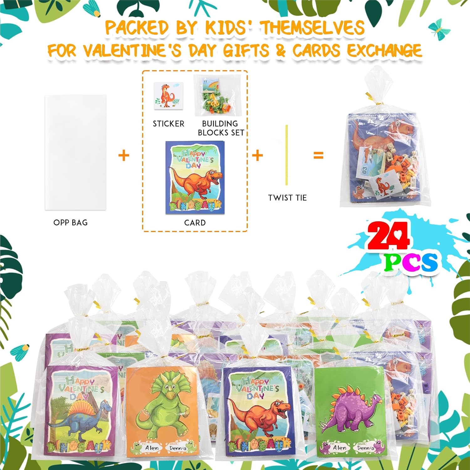 YOYOJOY Regalos del día de San Valentín para niños, 24 paquetes de bloques de construcción de dinosaurios con tarjetas del día de San Valentín,