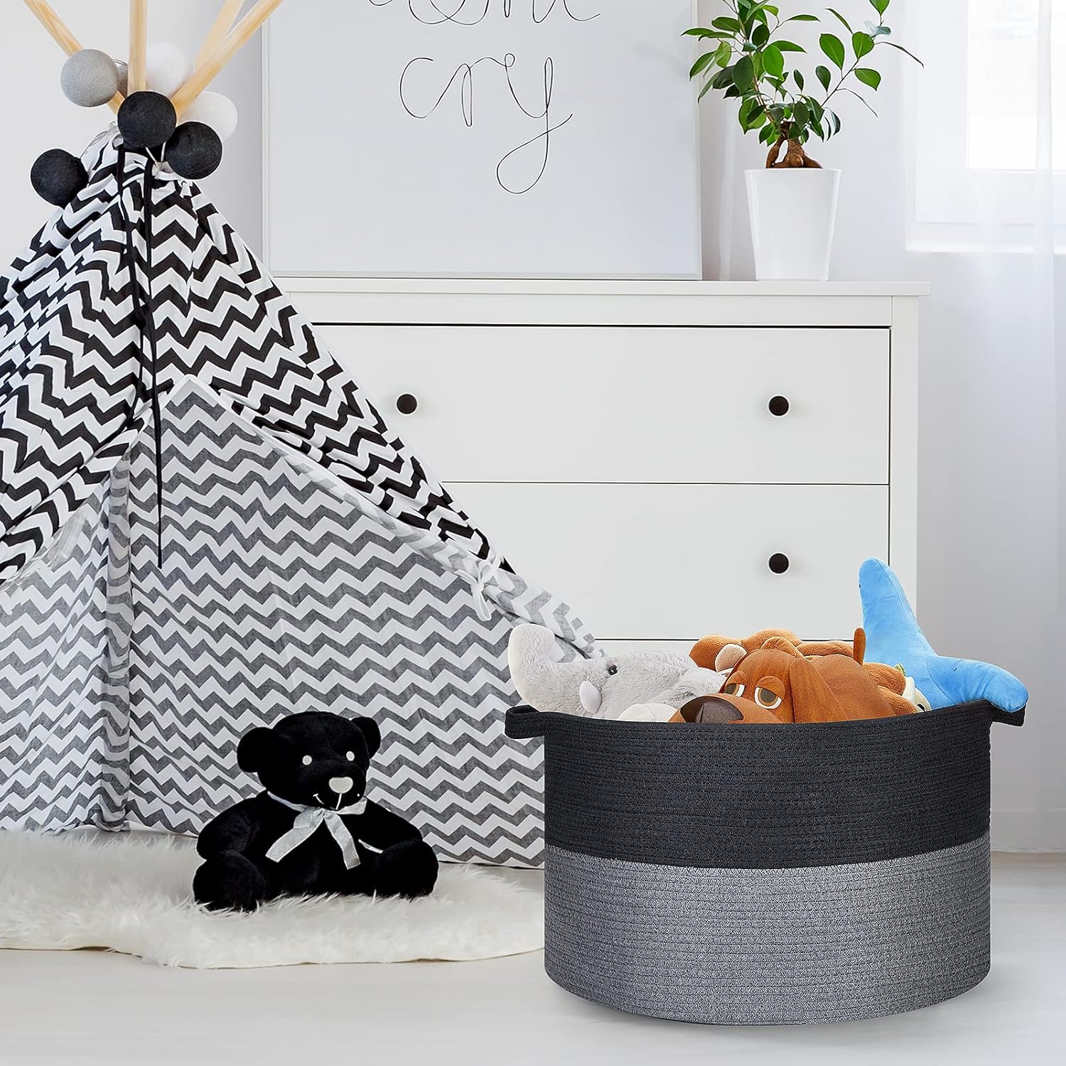 Cesta para manta, cesta de cuerda de algodón de 20 x 20 x 13 pulgadas para sala de estar, canasta de almacenamiento de juguetes para bebé, cesta
