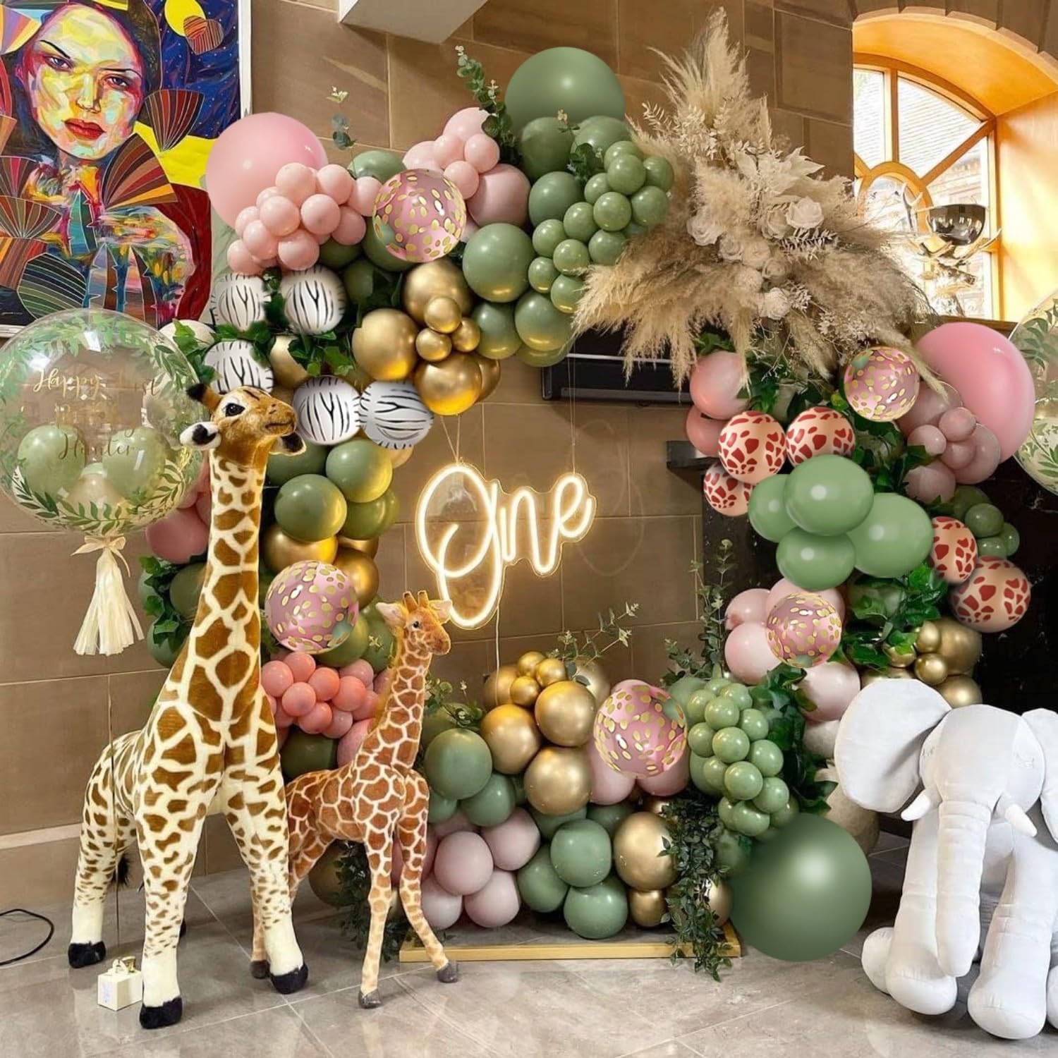 Kit de guirnalda de globos de safari en la selva, jirafa, cebra, estampado a rayas, verde salvia, rosa, globos y globos de confeti dorado metálico