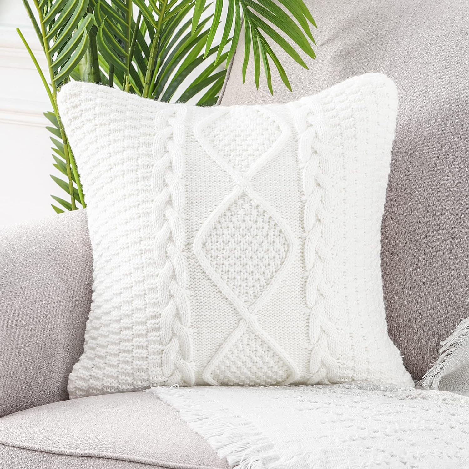 MANDIOO Fundas de almohada decorativas de algodón de punto blanco crema, fundas de cojín suaves y acogedoras para exteriores, fundas de almohada