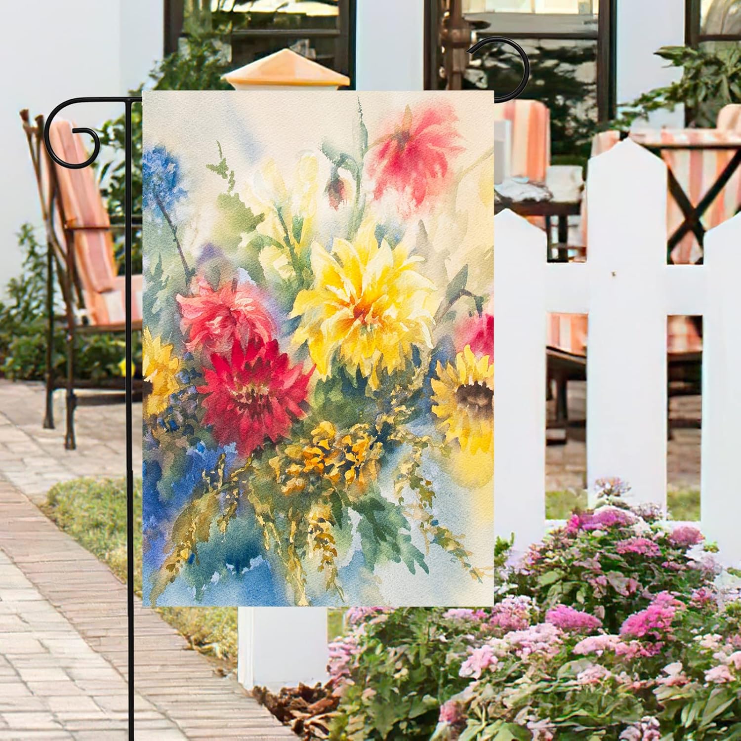 Bandera de acuarela de temporada de verano y primavera, flores coloridas de dalias para jardín, patio, 12 x 18 pulgadas, banderas decorativas de