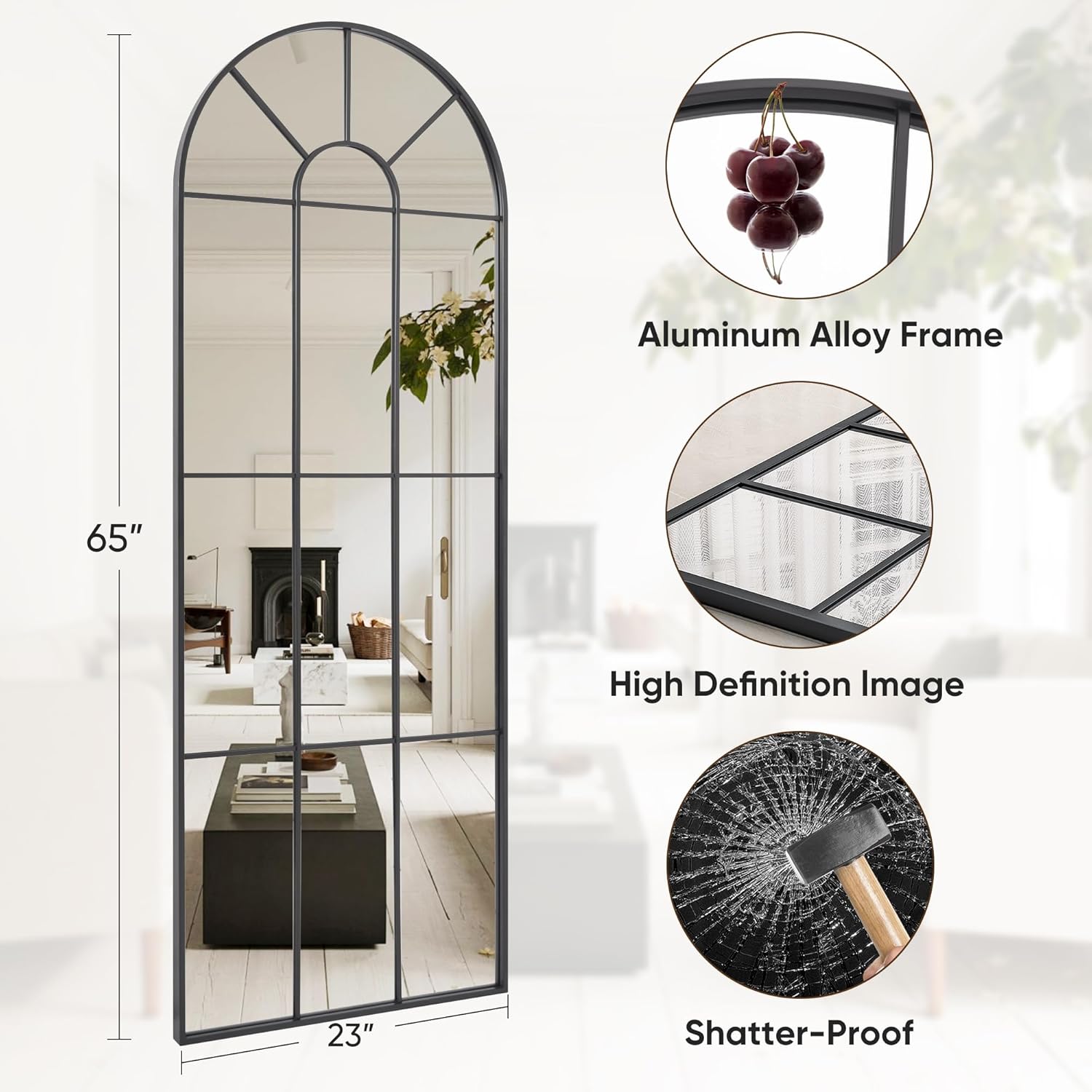 Suidia Espejo de longitud completa, espejo de suelo arqueado, espejo de pared de 23 x 65 pulgadas, espejos decorativos para ventana, espejo de