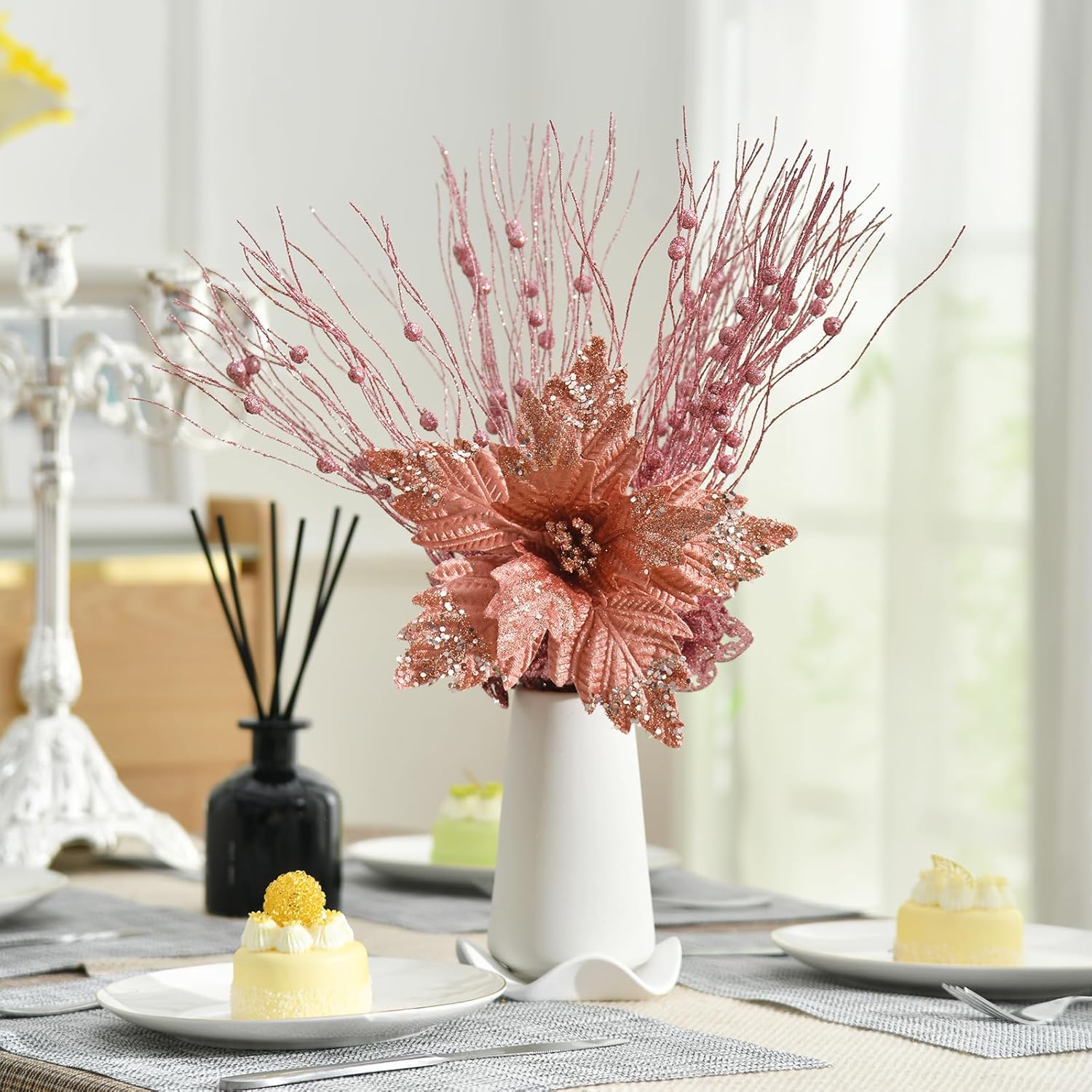 YSZL Juego de 10 palitos de flores artificiales de Navidad grandes con purpurina para decoración del árbol de Navidad, guirnalda de corona de Año