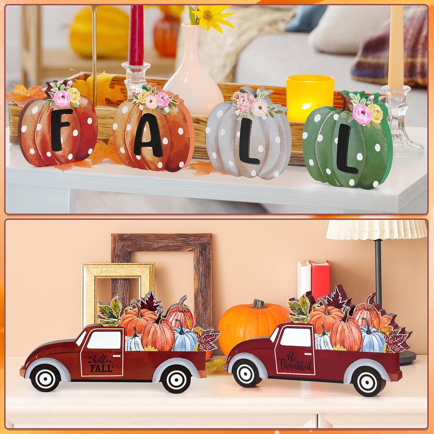 6 piezas de decoración de otoño para el hogar, letrero de madera con texto en inglés “Hello Fall”, calabaza, camión, arce, mesa de Acción de