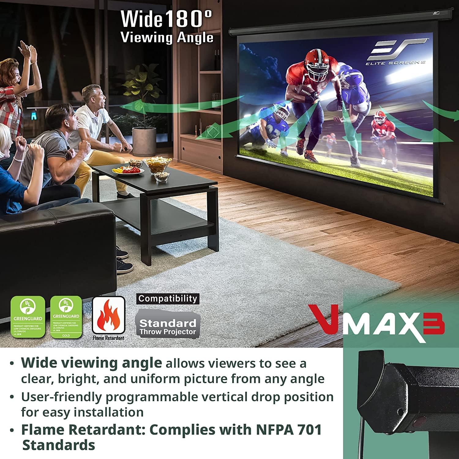 Elite Screens VMAX 3, 150 PULGADAS 169, Pantalla de proyector retráctil motorizada desplegable para juegos de película, entretenimiento VMAX150UWH3