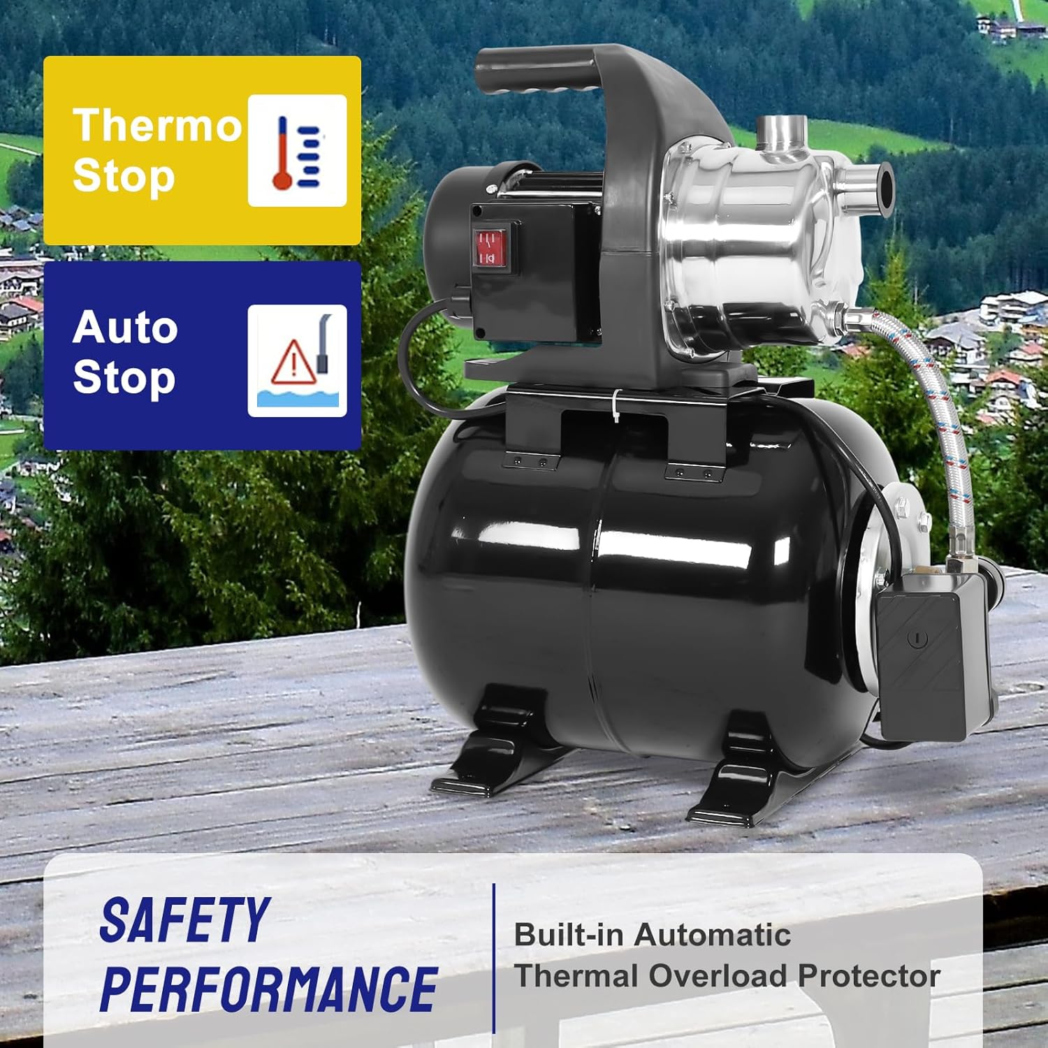 Bomba de pozo poco profundo de 1.6HP 1320GPH 115V con tanque de presión, bomba de chorro de riego automática de acero inoxidable para el hogar,