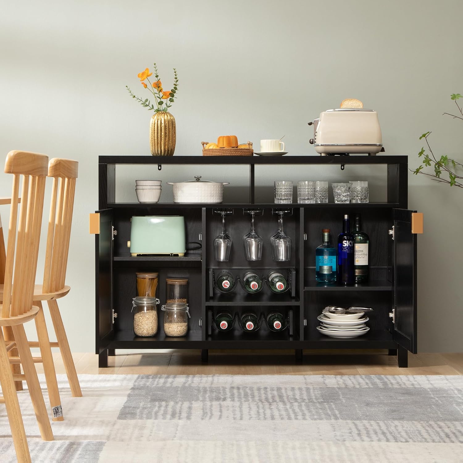 SICOTAS Gabinete de ratán para cafetería, aparador de 51 pulgadas con almacenamiento, armario moderno para licores con estantes para vino, mesa de