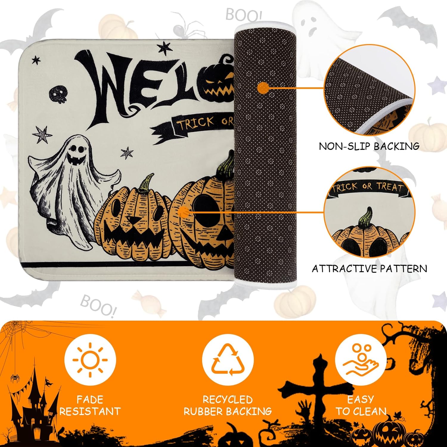 Alishomtll Felpudo de Halloween, tapete de calabaza de Halloween, antideslizante y lavable, tapete decorativo de bienvenida de Halloween, interior y