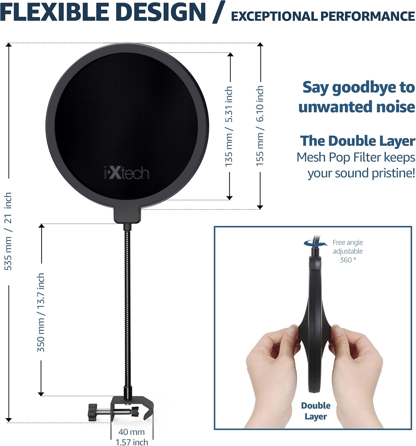 Ixtech Filtro pop para micrófono, filtro pop Blue Yeti, pantalla de doble capa con un clip flexible de cuello de cisne de 360 grados con