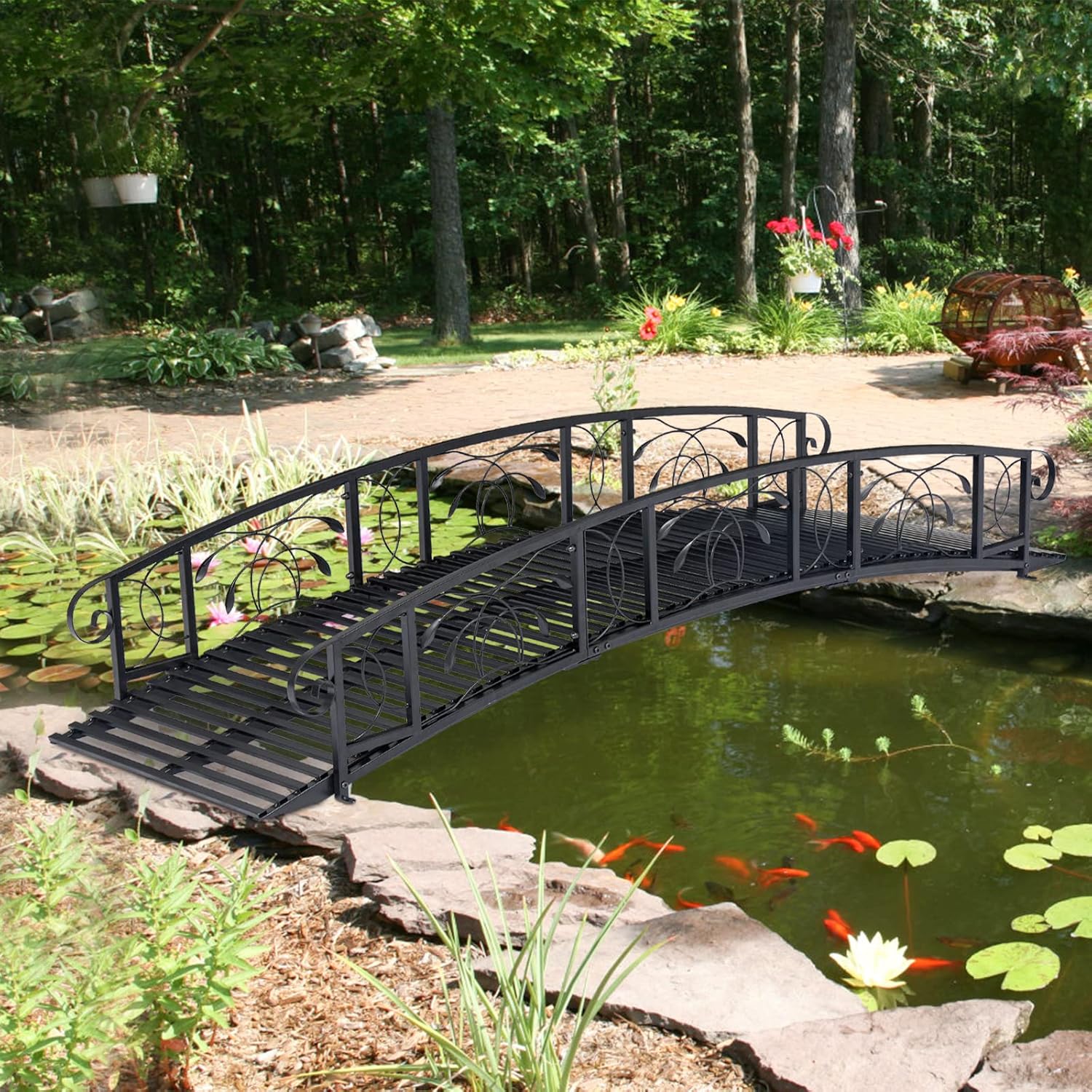 KINTNESS Puente de jardín de 8 pies, puente de metal para camino con barras laterales de seguridad, delicado desplazamiento para patio trasero