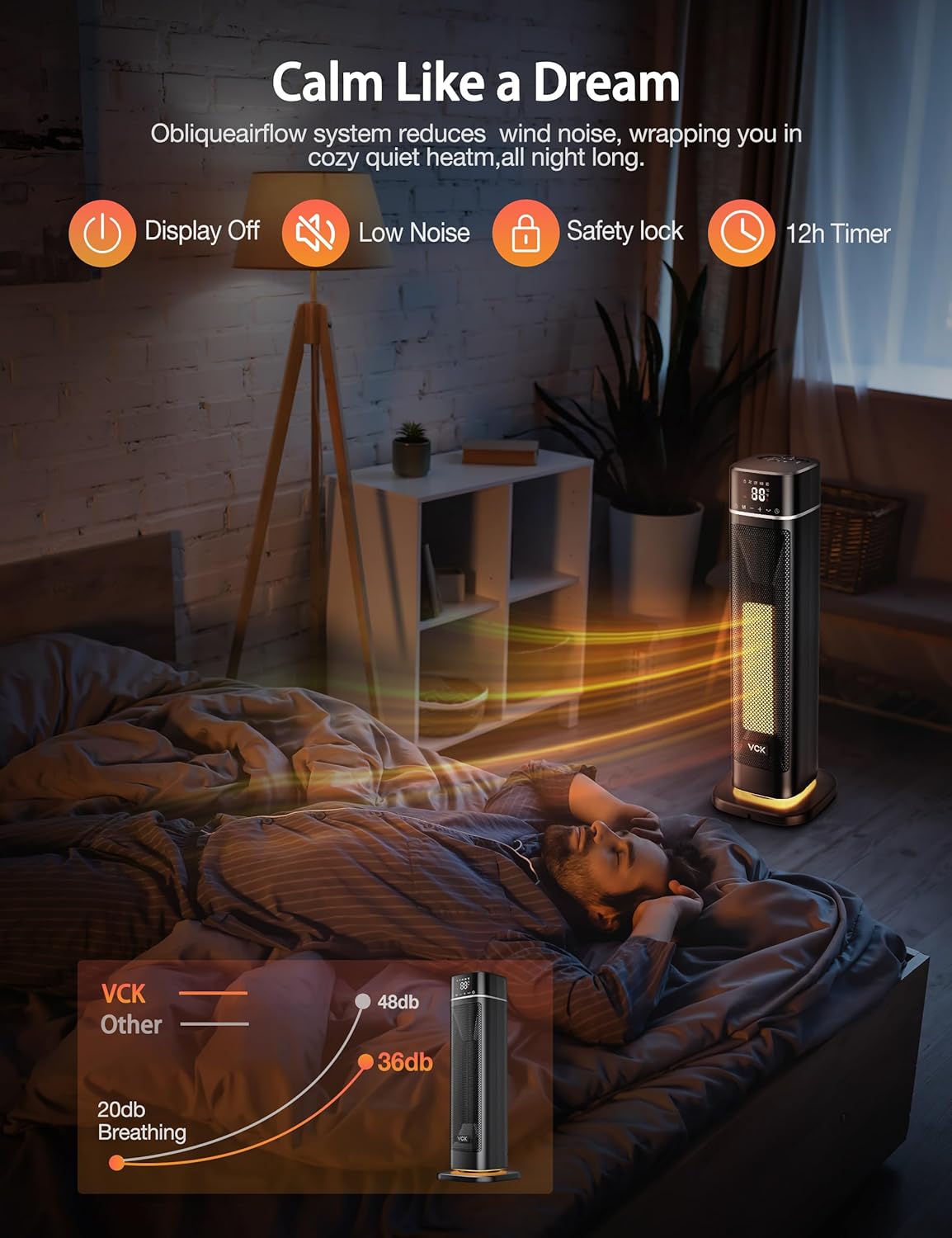 VCK – Calentador de espacio, calentador eléctrico portátil de 24 pulgadas, 12 piess con control remoto, luz nocturna, oscilación de 80, 4 modos,