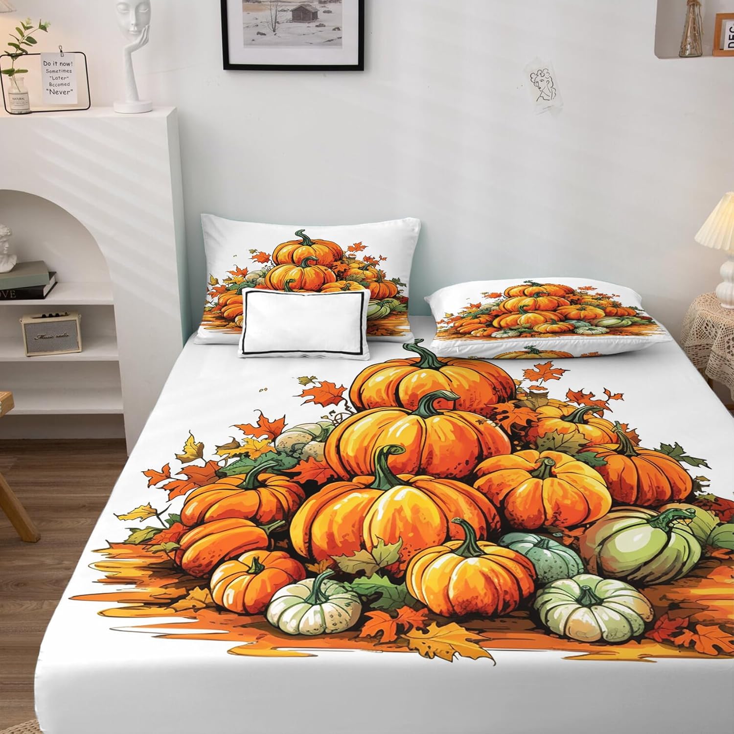 Sábanas de calabaza de Acción de Gracias, tamaño Queen, sábanas de cosecha de otoño, microfibra suave, bolsillo profundo, sábanas y fundas de