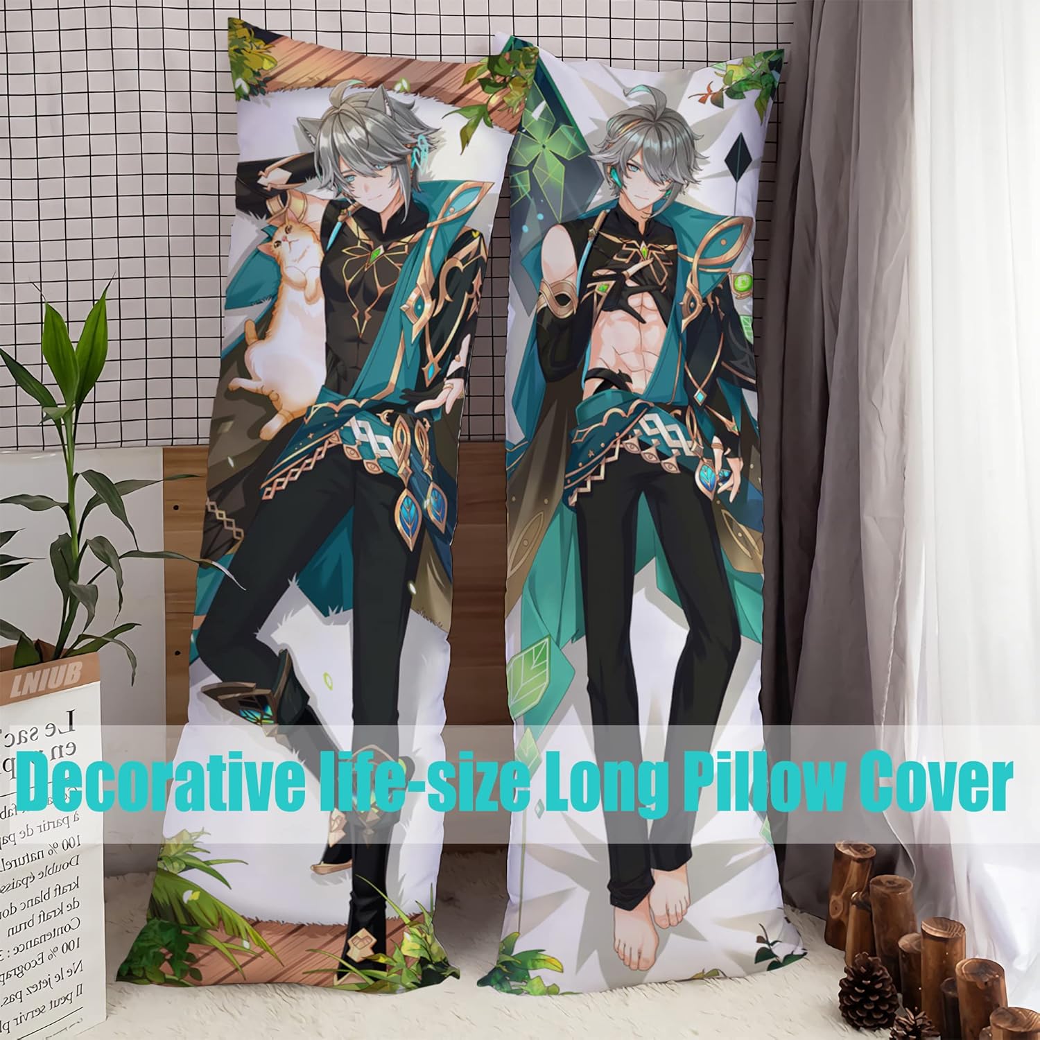 Anime Genshin Impact – Funda de almohada para abrazar el cuerpo, 19 x 59 pulgadas, funda de almohada decorativa con estampado de doble cara