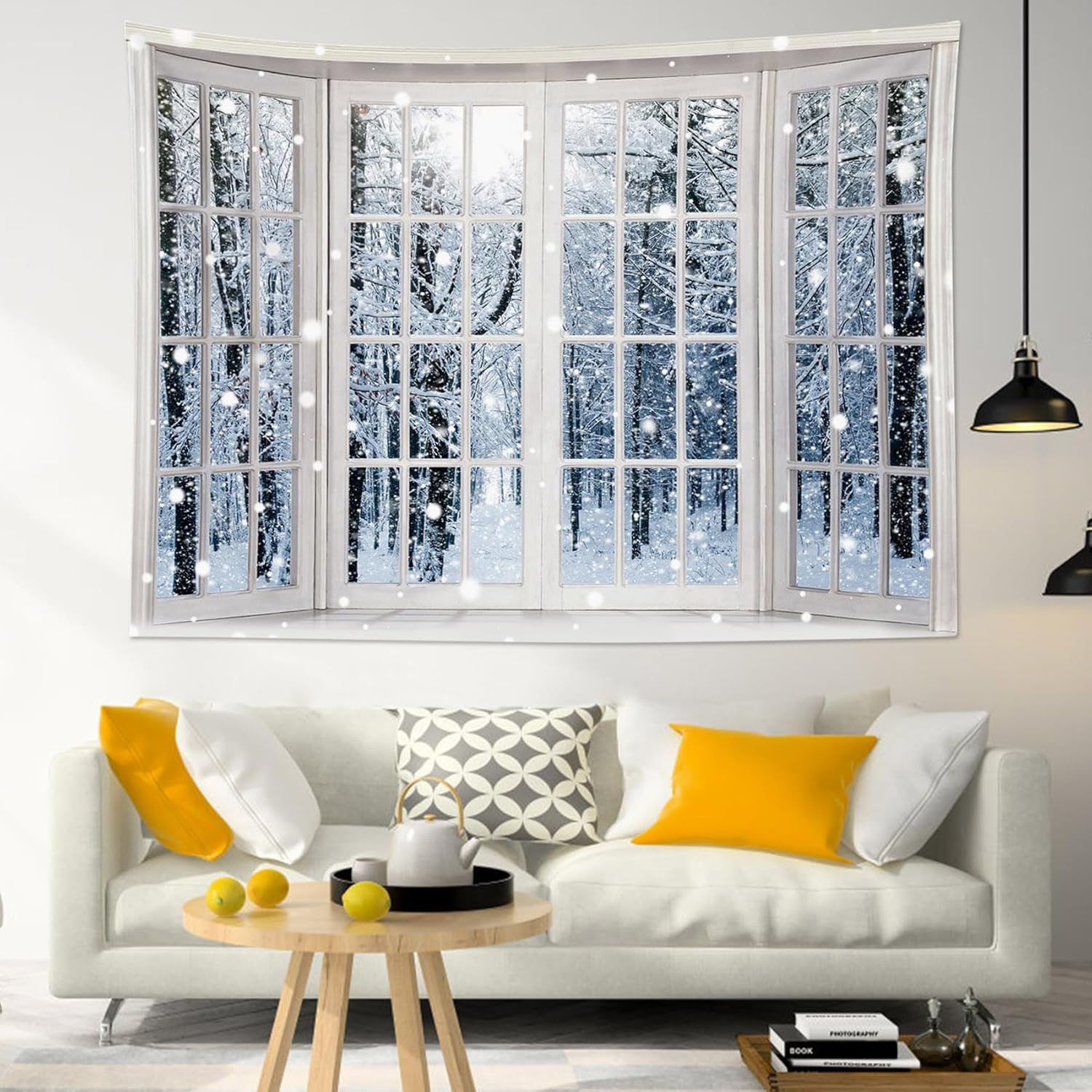 HVEST Tapiz de invierno para colgar en la pared, bosque de pinos nevados, tapiz para ventana exterior, tapiz para dormitorio, nieve blanca de