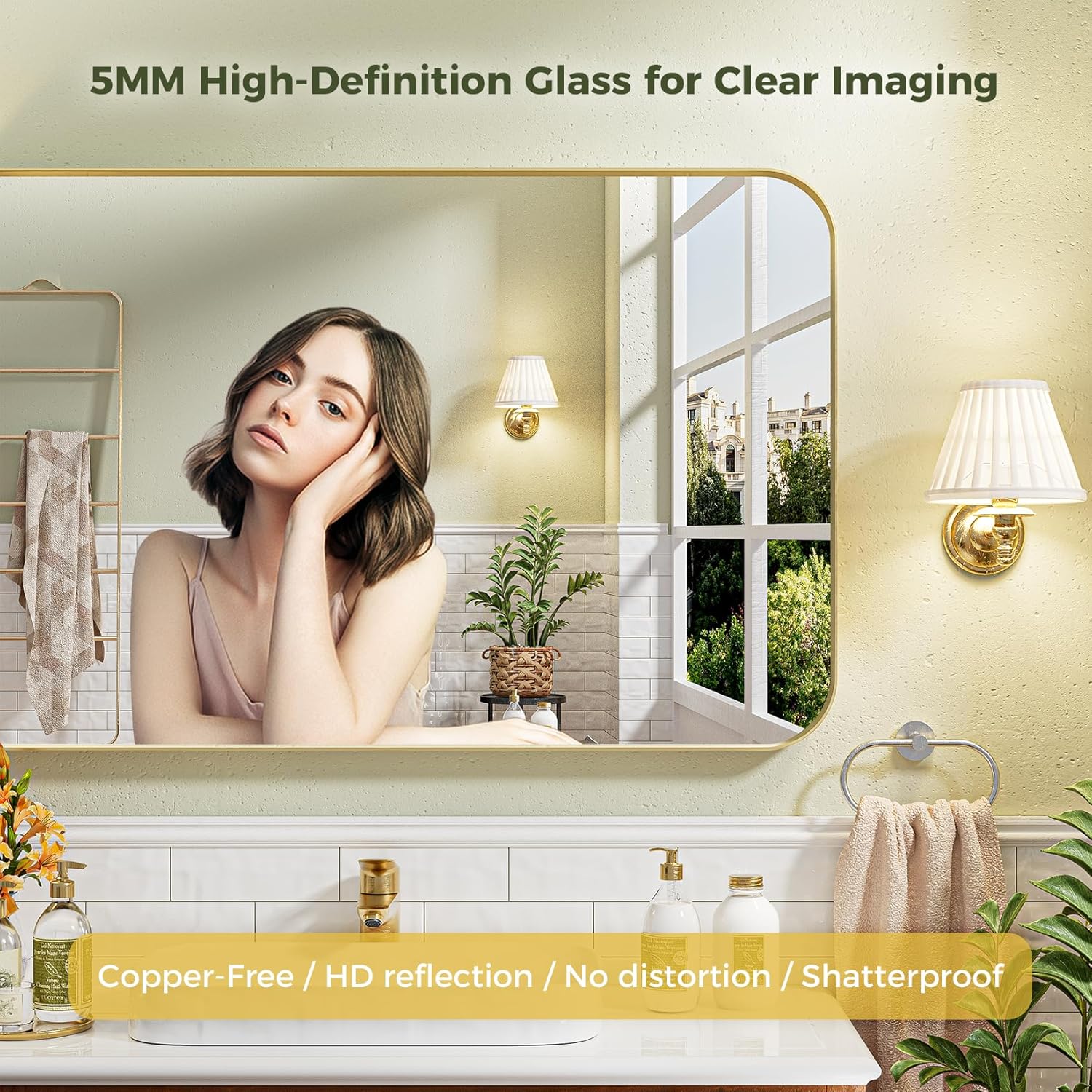 REYPEK Espejo de baño dorado de 22 x 30 pulgadas, espejo de pared dorado con marco de metal cepillado, espejo rectangular grande y redondeado para
