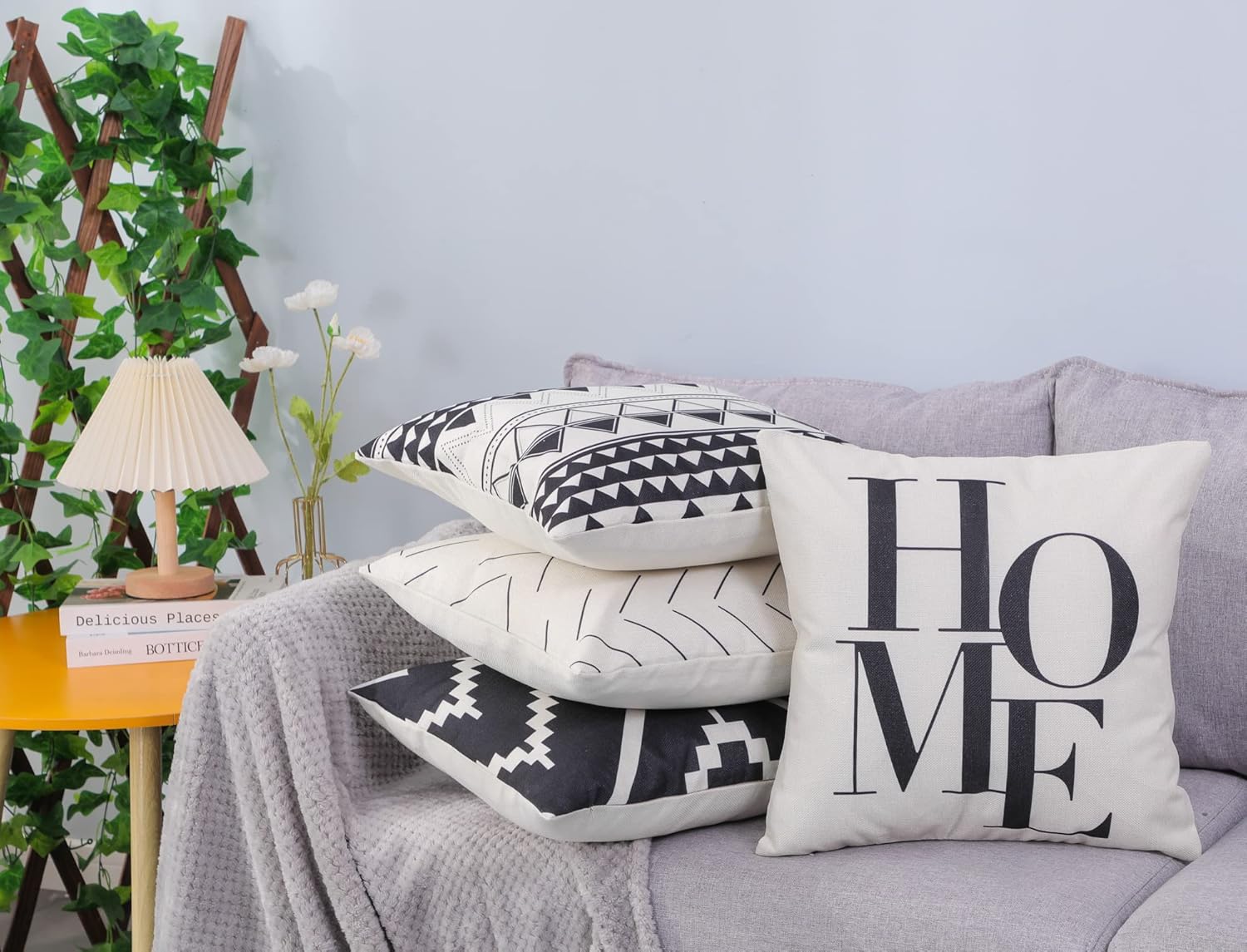 Juego de 4 fundas decorativas de 16 x 16 pulgadas para sofá, fundas cuadradas en blanco y negro para cojines de cama y decoración de sala de estar