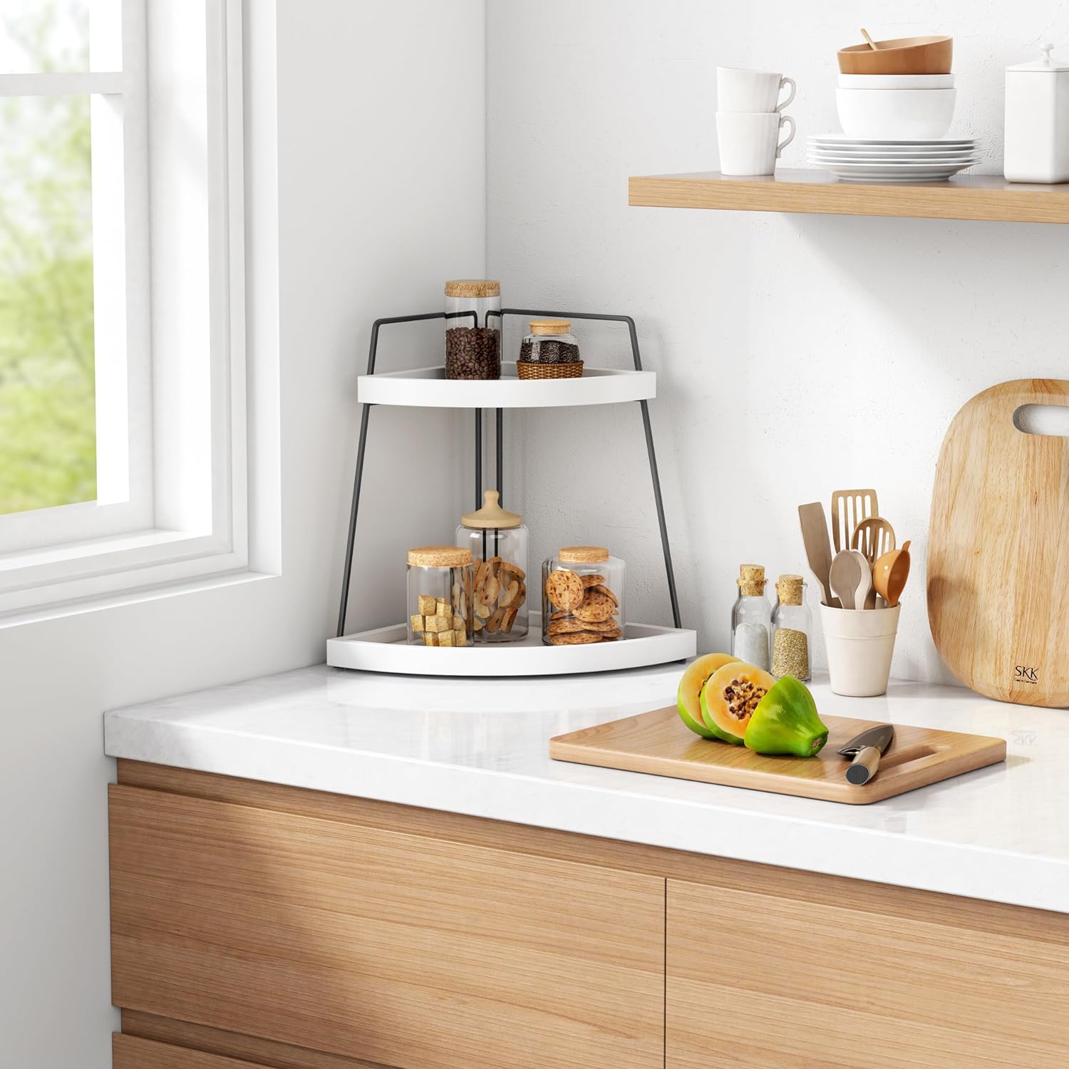 Forbena Organizador esquinero de baño, soporte de esquina de fregadero de 2 niveles para encimera de cocina, estación organizadora de barra de café
