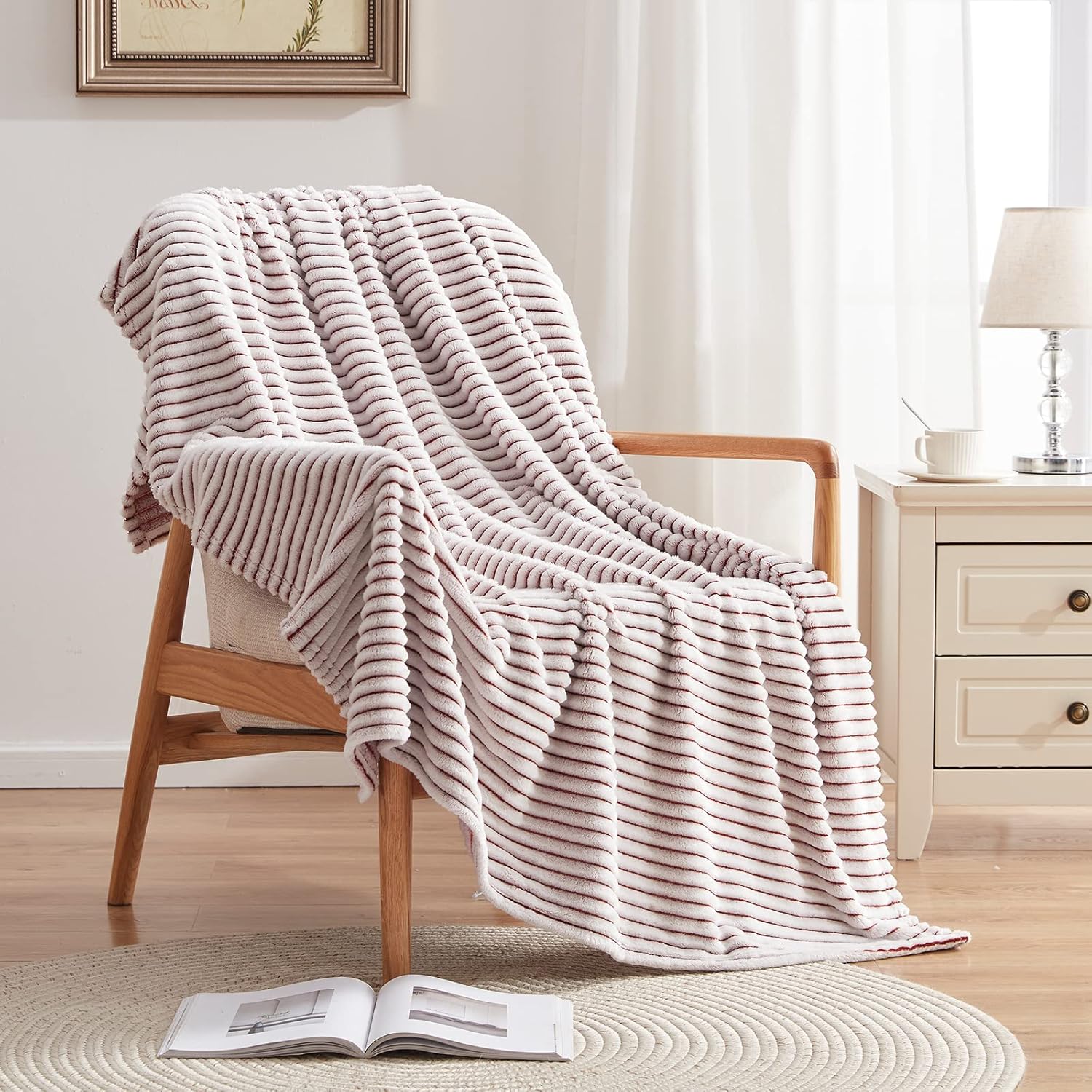 EMME Manta súper suave para mujer, cálida manta de franela de vellón para sofá, tamaño Queen, manta de cama jacquard acanalada 3D de felpa para
