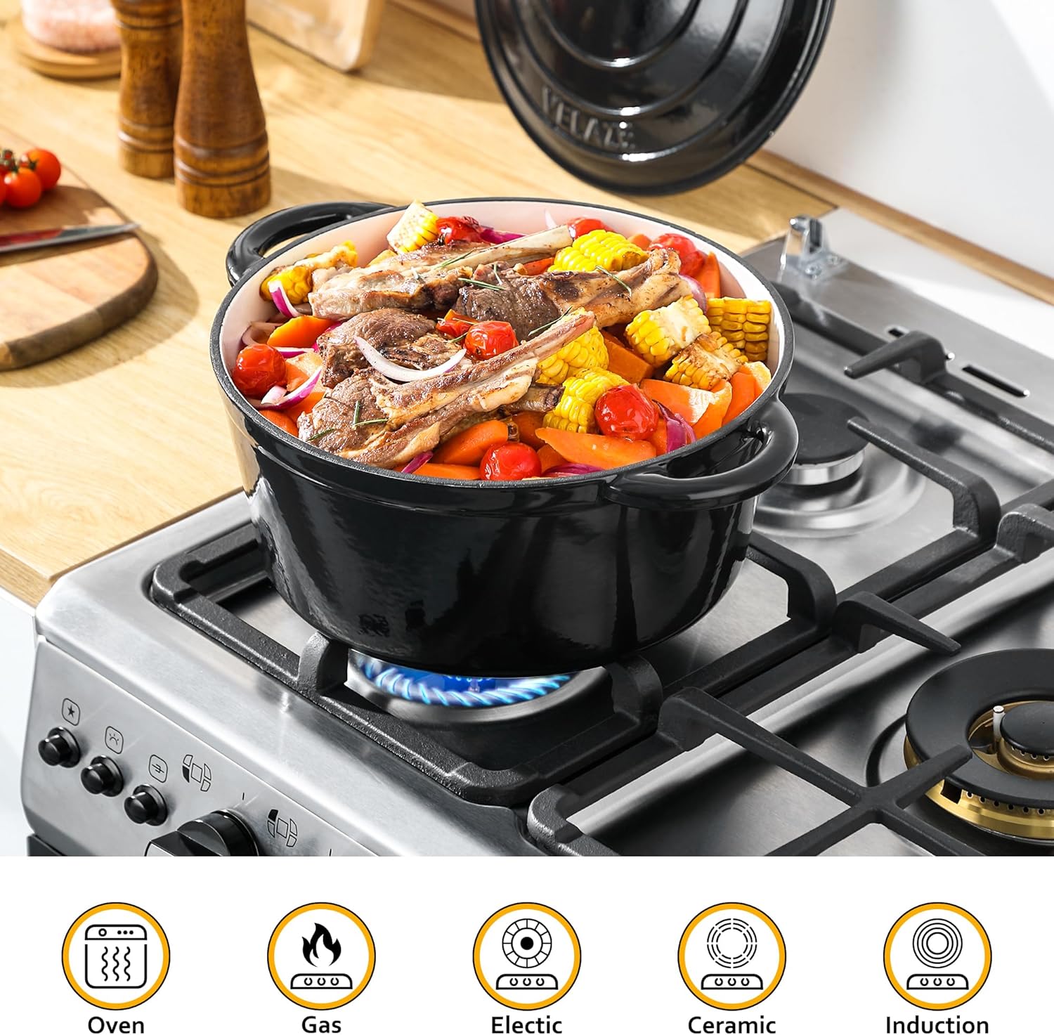 Velaze Olla holandesa de 7.5 cuartos de galón con tapa, horno holandés de hierro fundido esmaltado con asas dobles para hornear pan de masa madre,