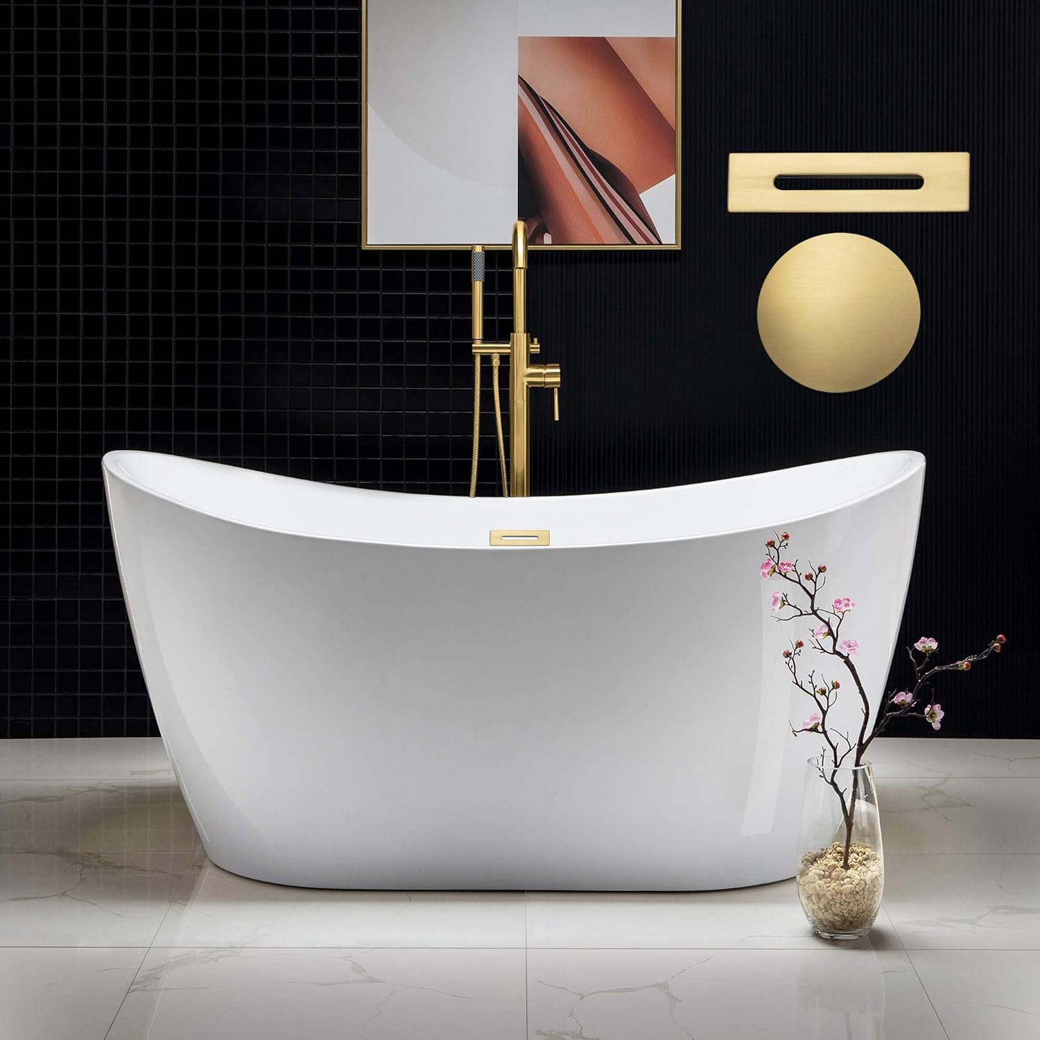 WOODBRIDGE BTA1516-BG-Drain-&O – Bañera de acrílico independiente de 59 pulgadas con desbordamiento y drenaje de oro cepillado, BTA1516-BG-Drain-&O