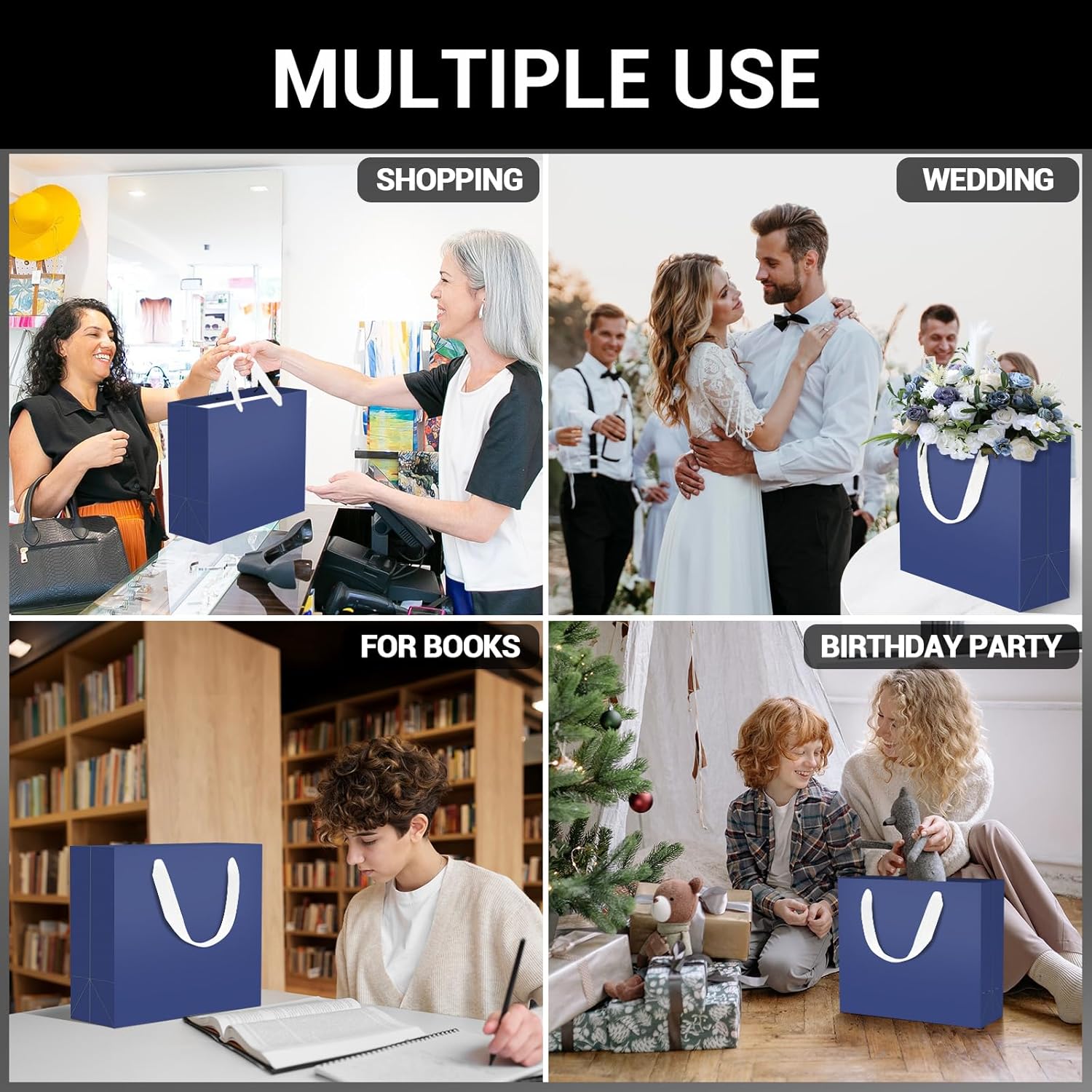 EUSOAR Bolsas de regalo azules a granel, paquete de 12 unidades de papel kraft de 12.5 x 4.5 x 11 pulgadas con asas, envoltura al por menor para