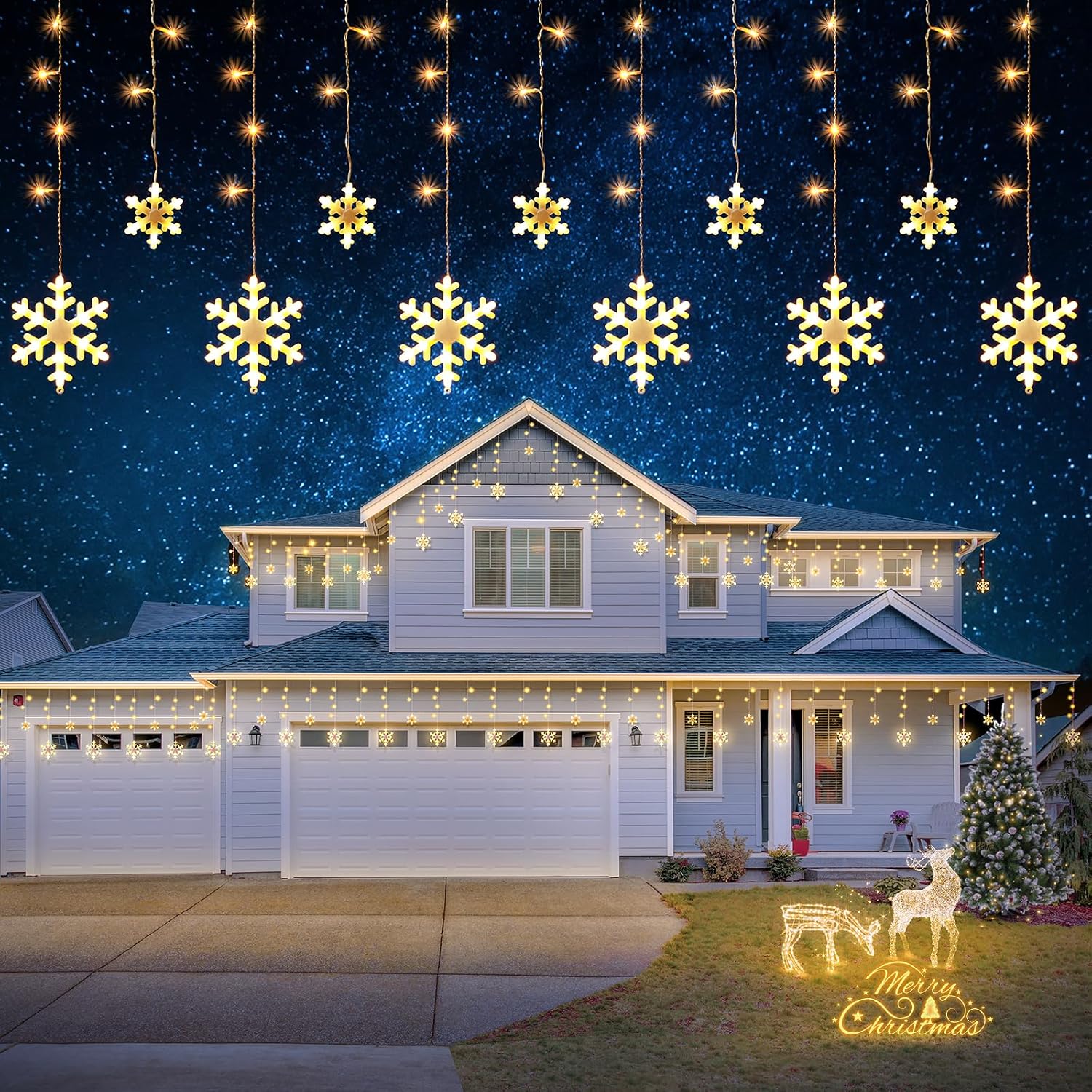 JOFIOS Luces de copo de nieve de Navidad, 11.48 pies, luces LED de Navidad con 14 gotas, luces de copo de nieve impermeables que emiten iluminación