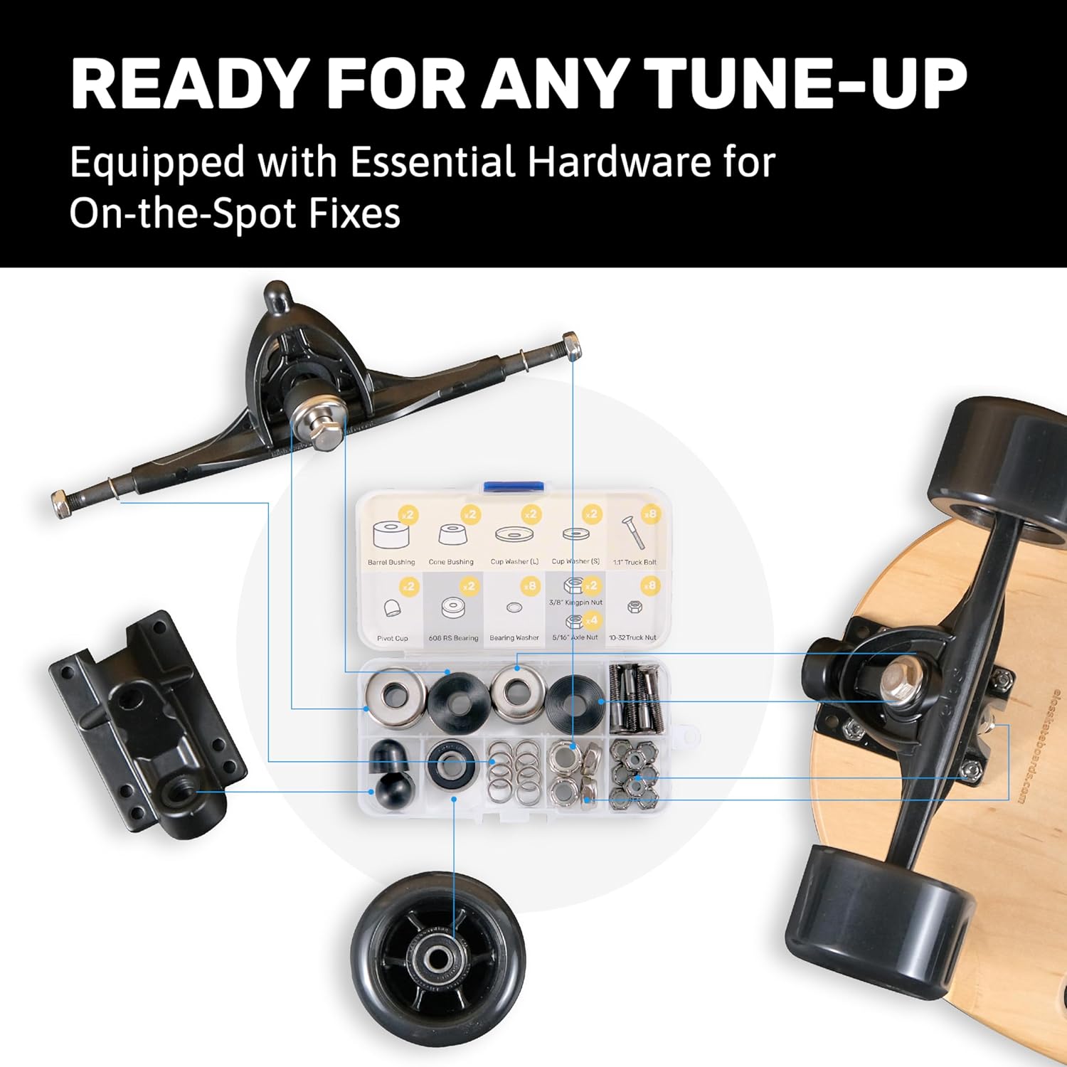 ELOS Kit de hardware para monopatín – Accesorios de montaje para camiones, rodamientos de patineta 608, bujes de monopatín, pivote, tuercas de