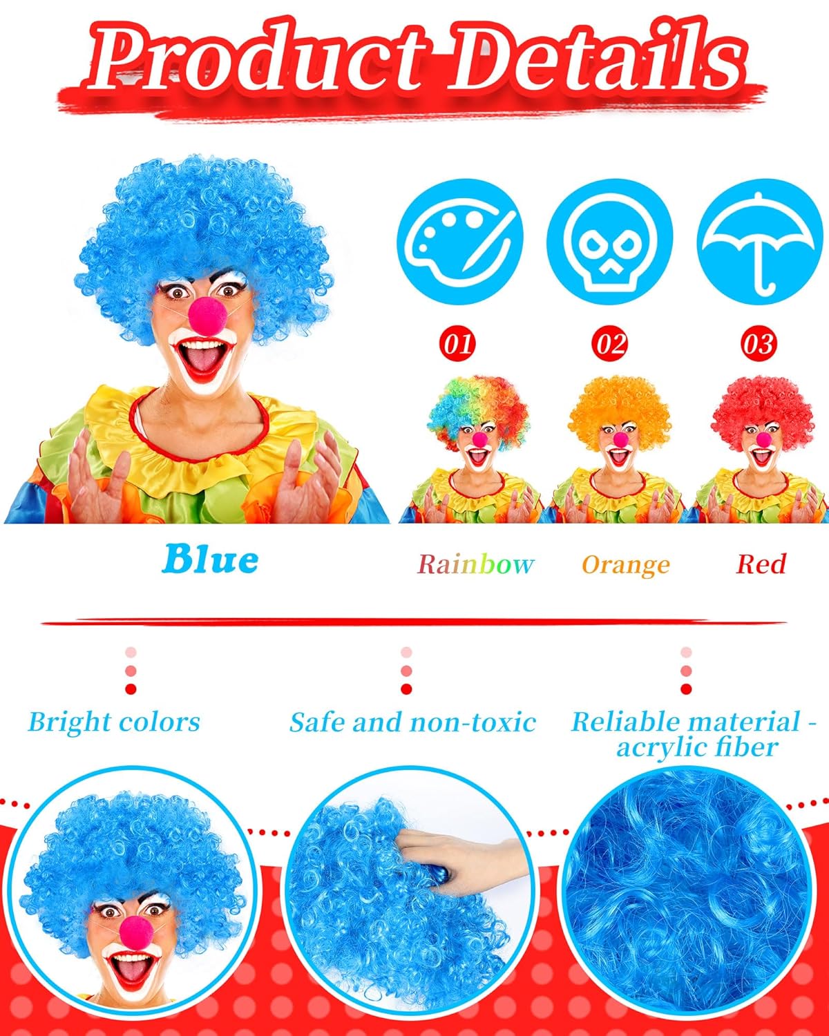 Paquete de 2 pelucas de payaso divertidas pelucas afro rizadas de payaso, peluca de arco iris, cabello loco, suministros de fiesta temática de