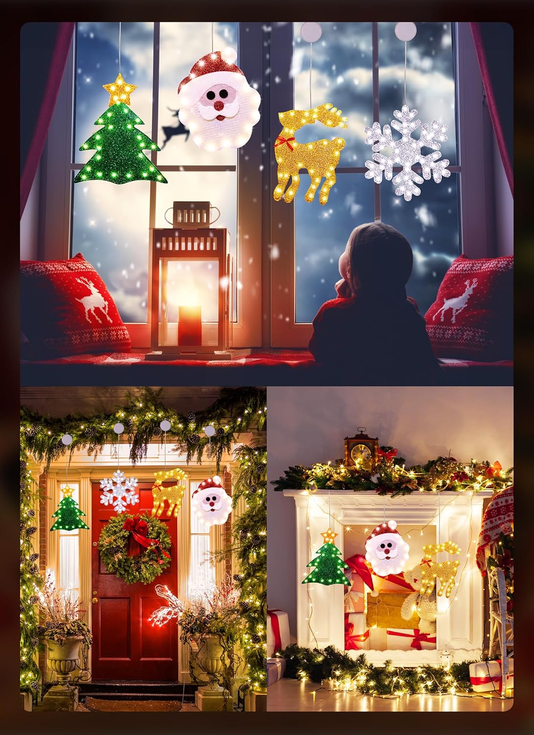 Luces de ventana de Navidad, 4 piezas de silueta de ventana de Navidad, letrero iluminado, funciona con pilas, luces de fondo con gancho de ventosa