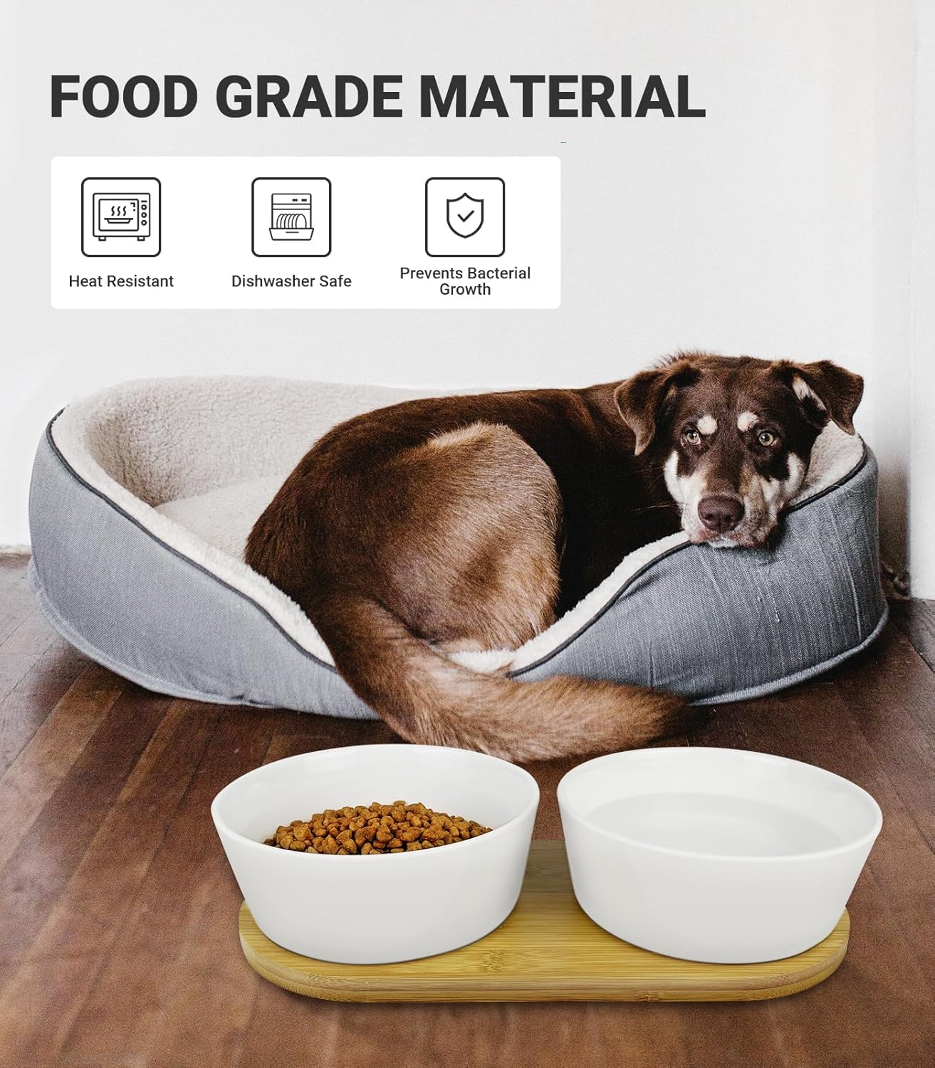LIHONG Juego de cuencos de cerámica para perros, comida y agua con bandeja de madera antideslizante, tazón doble de comida para mascotas para perros