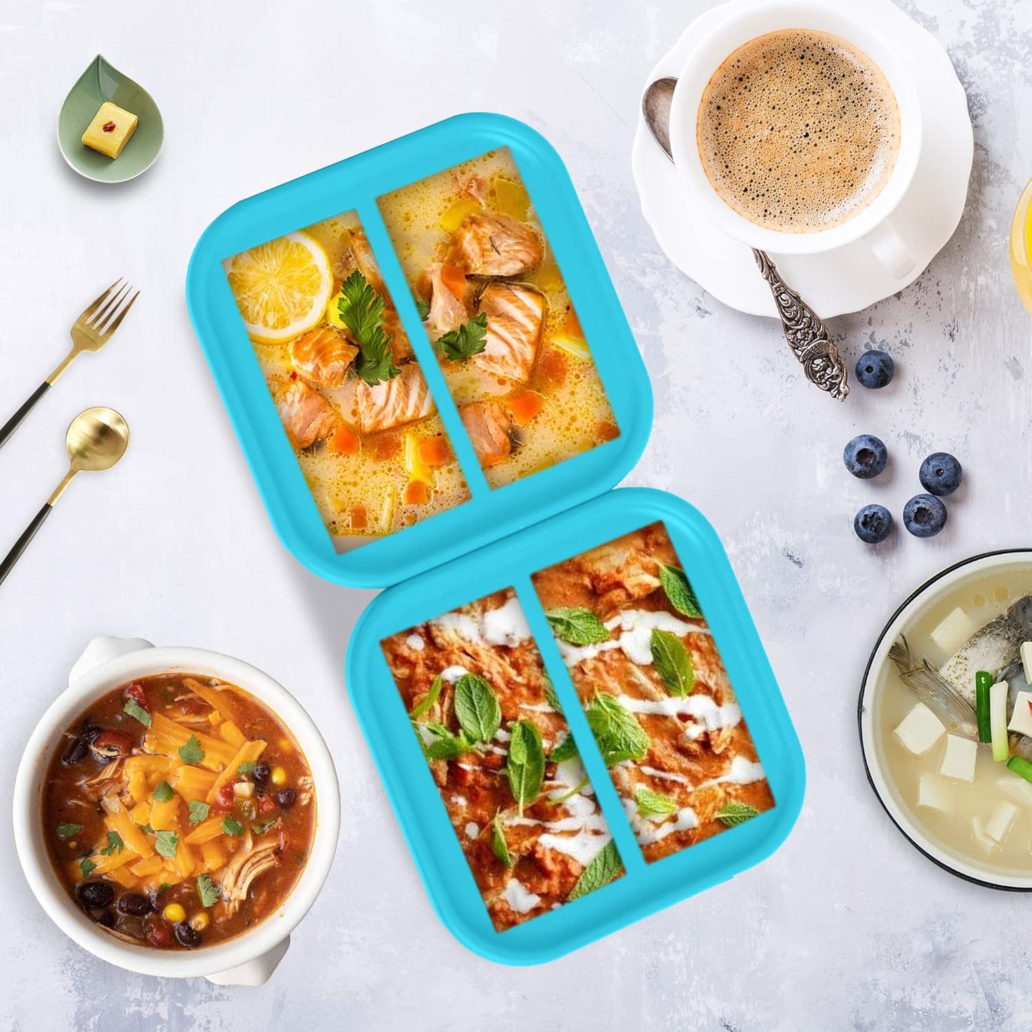 Bandeja de silicona para congelador de 2 tazas con tapa, paquete de 2, haz 4 porciones perfectas de 2 tazas, moldes de fácil liberación para