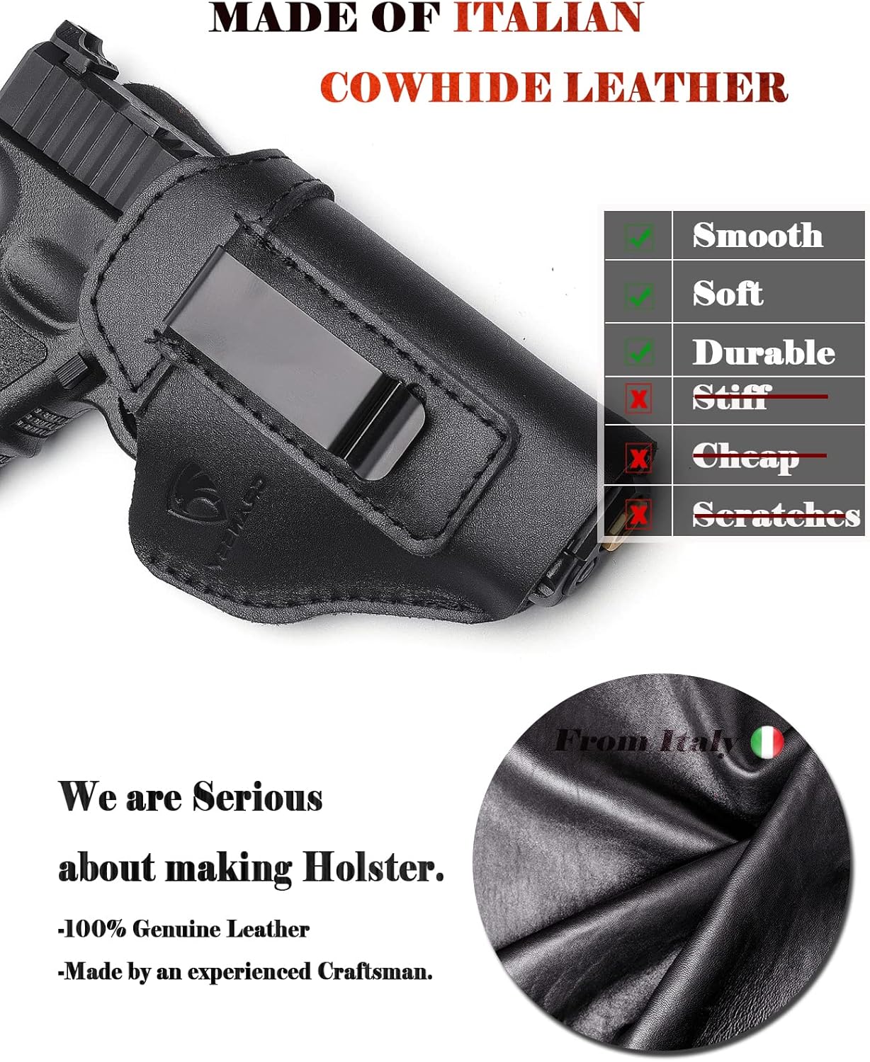 Cranssy Funda de cuero genuino IWB para transporte oculto compatible con Glock 19 23 43X 48, Taurus G3C G2C, M&P Shield 0.354 in, P365X Macro, etc