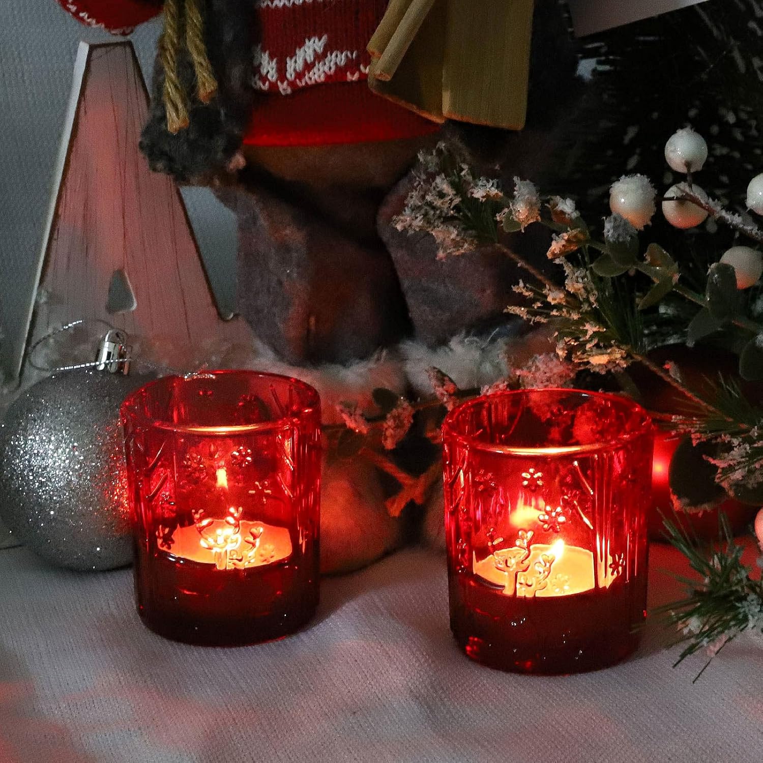 12 portavelas votivas de renos rojos, portavelas de Navidad, centro de mesa de festival, velas de té de vidrio para fiesta de Navidad, vacaciones,