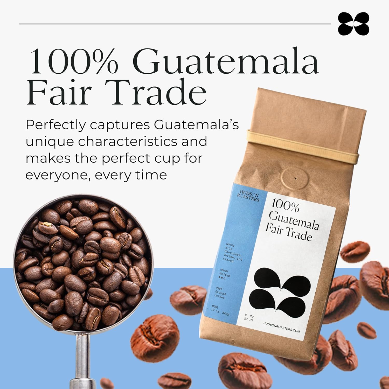 Hudson Roasters Fair Trade Guatemala Premium – Café en grano entero, tostado medio, bolsa de 12 onzas