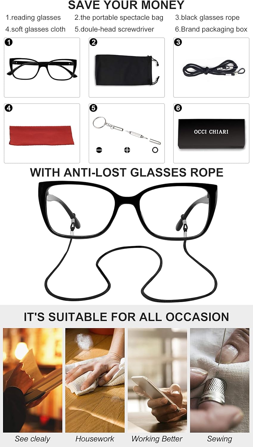 OCCI CHIARI Gafas de lectura para mujer de 1,0, 1,5, 2,0, 2,5, 3,0, 3,5, 4,0, 5,0, 6,0, 1,25, 1,75, 2,25, 2,75