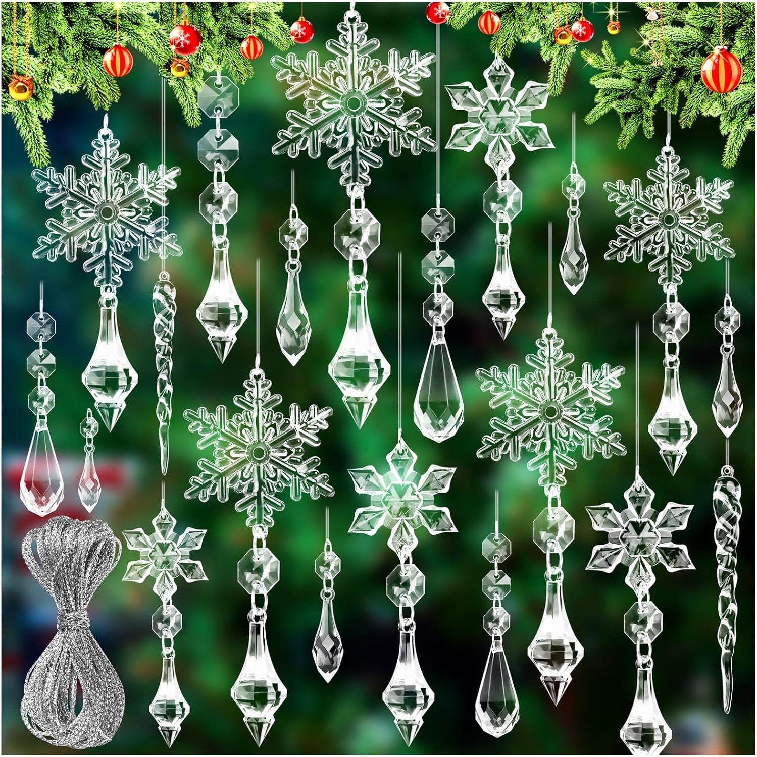 28 adornos de cristal para decoración de árbol de Navidad, juego de adornos colgantes de copo de nieve de Navidad, carámbano acrílico con línea de